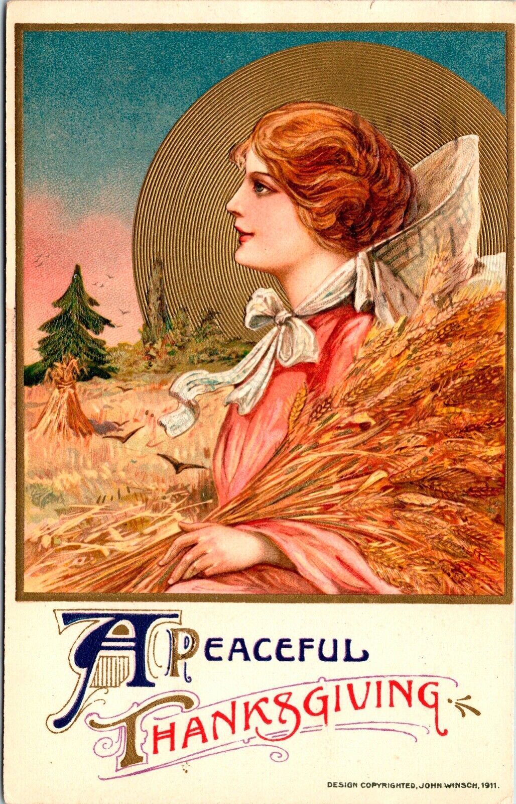 Vintage 1910\'s Schmucker Winsch Girl Golden Sun Harvest Thanksgiving Postcard