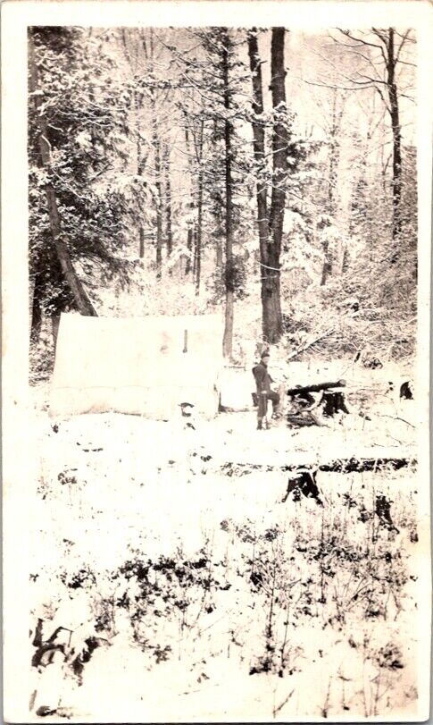 Vintage RPPC Postcard Woodsman Cutting Wood in Forest Wall Tent            B-183
