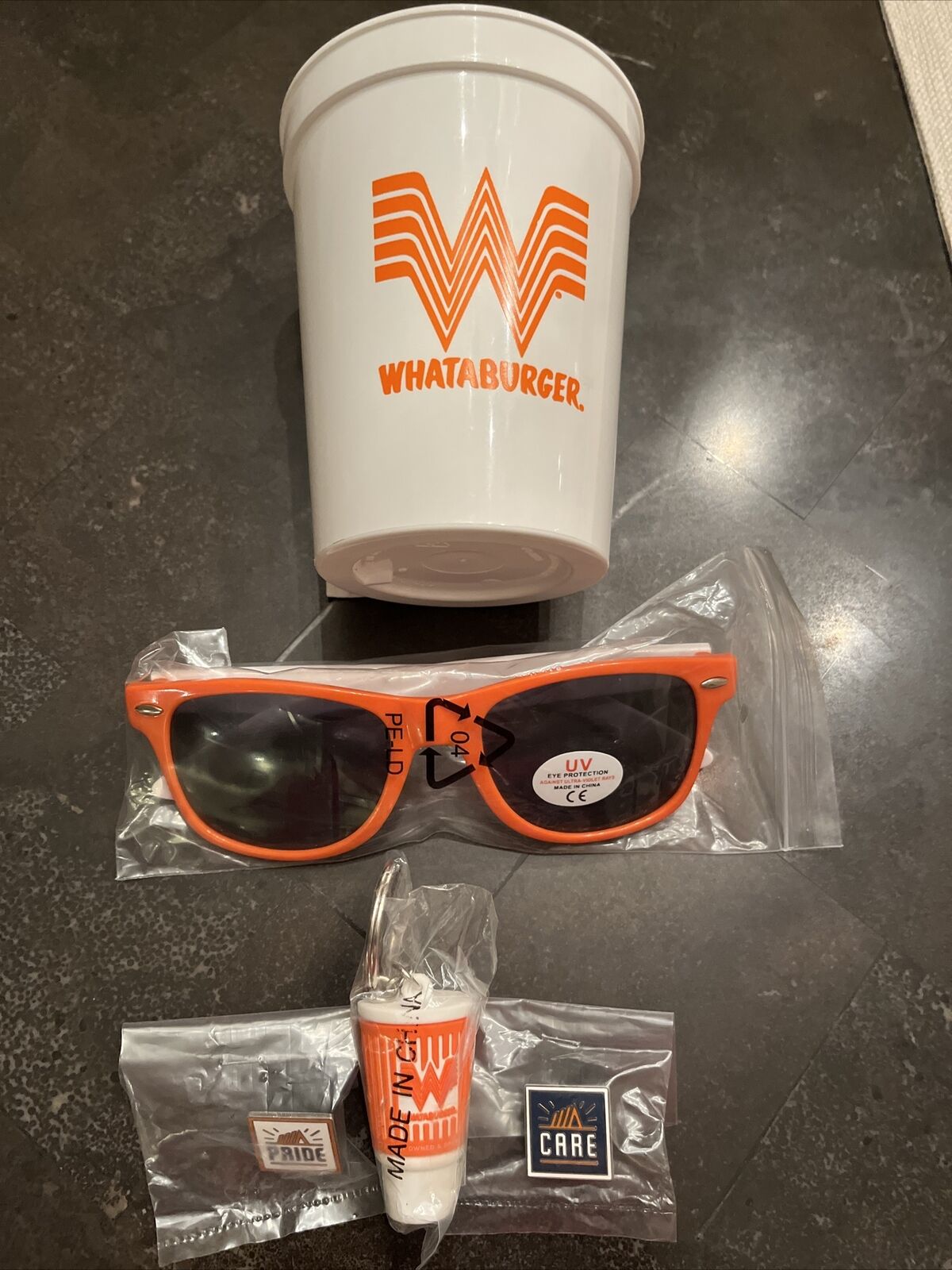 NEW Whataburger Sunglasses in wrapper, Whataburger Cup, Keychain, 2 Lapel Pins