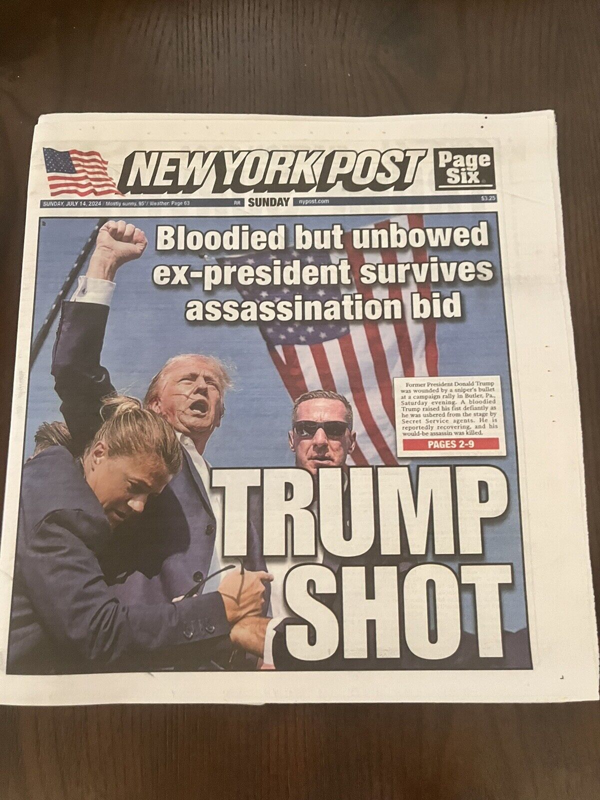 Donald Trump Shot Headlines New York Post Newspaper NY Post  SHIPS TODAY
