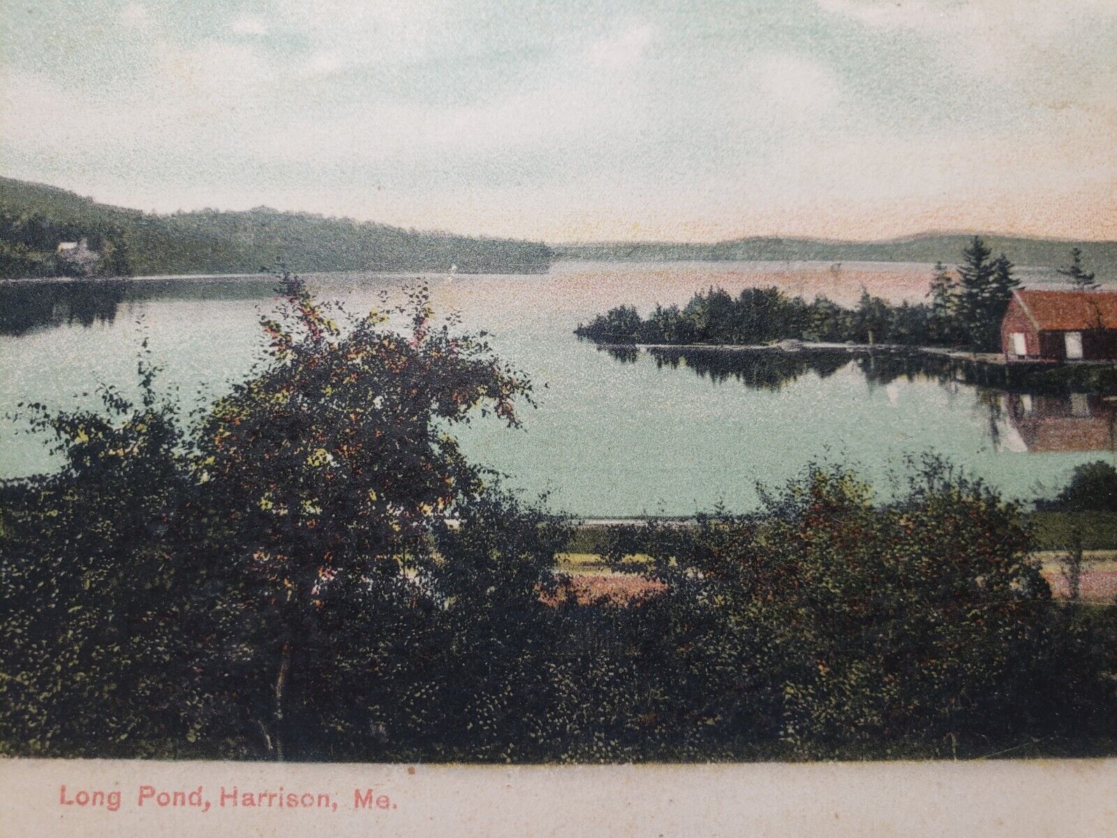 C 1905 Cottage & Boat Dock on Long Pond Harrison Maine UDB Antique Postcard