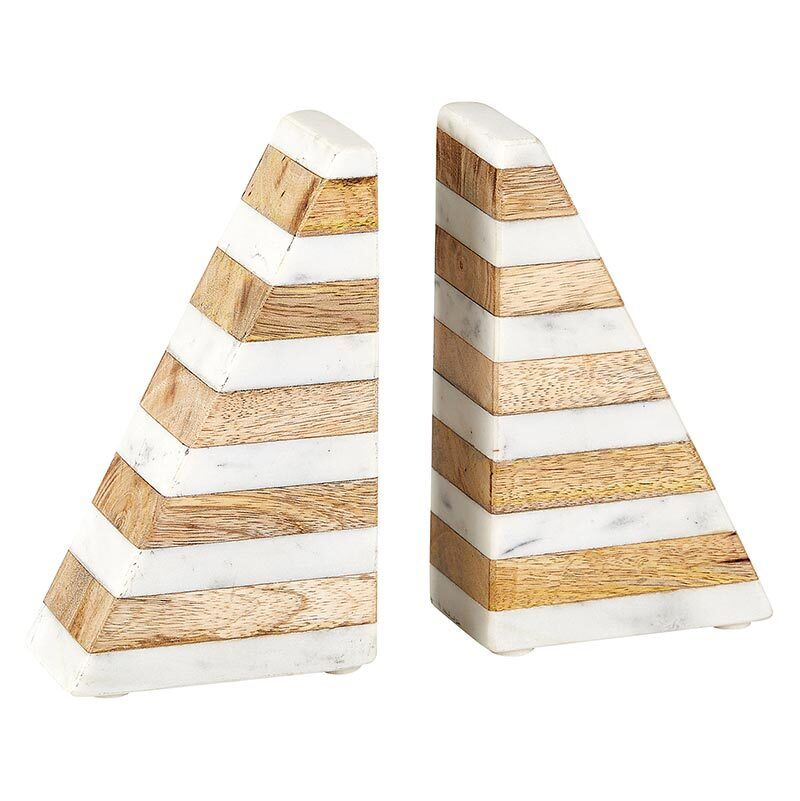 Marble and Wood Bookends White Book Shelf and Table Decor Geometric Bookend