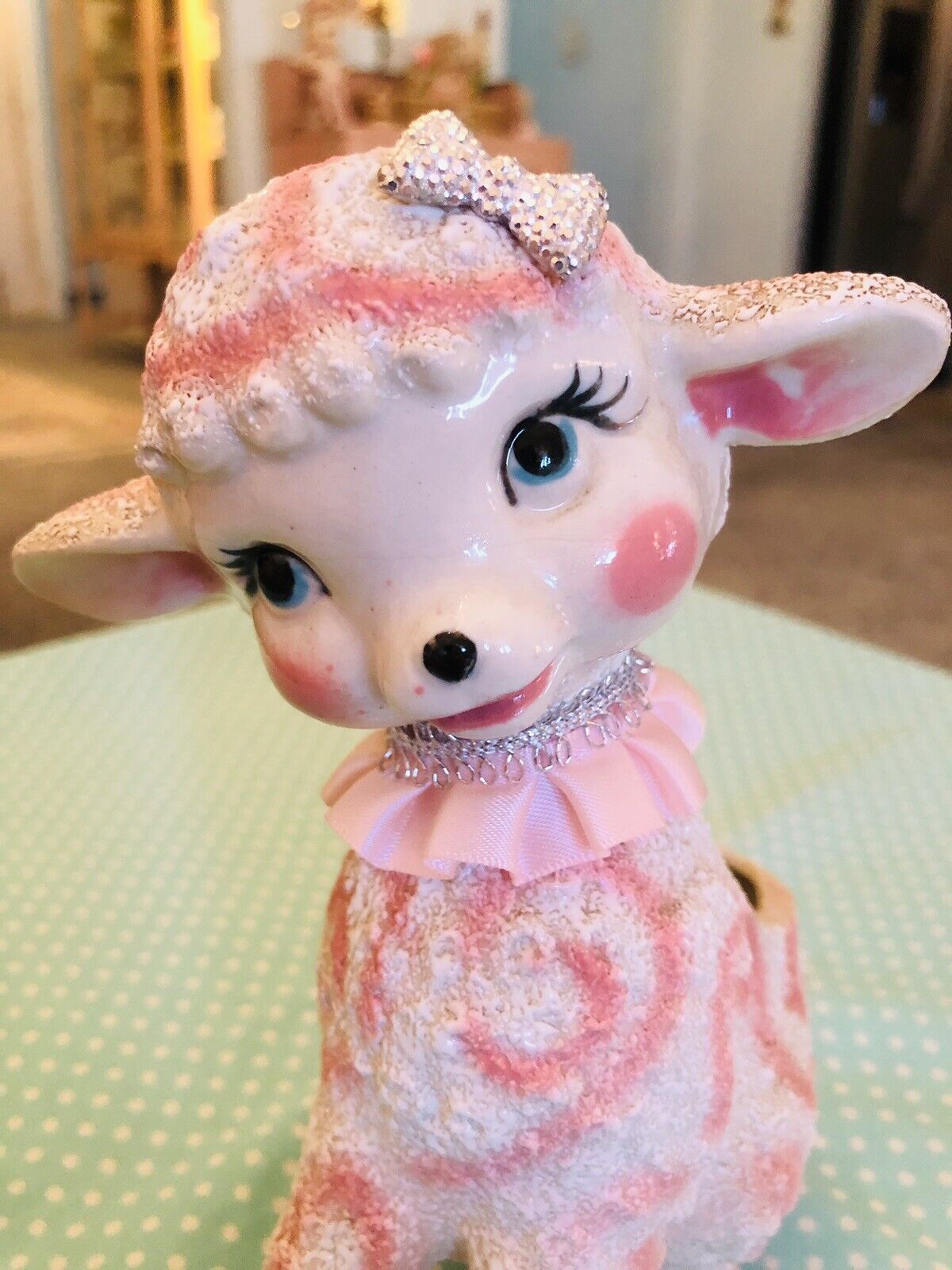 Vintage Pink Lamb Planter, Ceramic, Sheep Figurine, Japan, VTG Nursery Planter