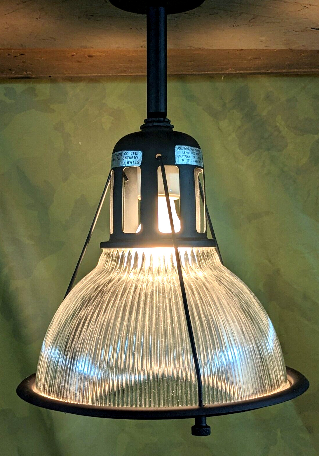 Vintage 12” Wide HOLOPHANE  684 Industrial Light Fixture. Factory Ribbed Glass