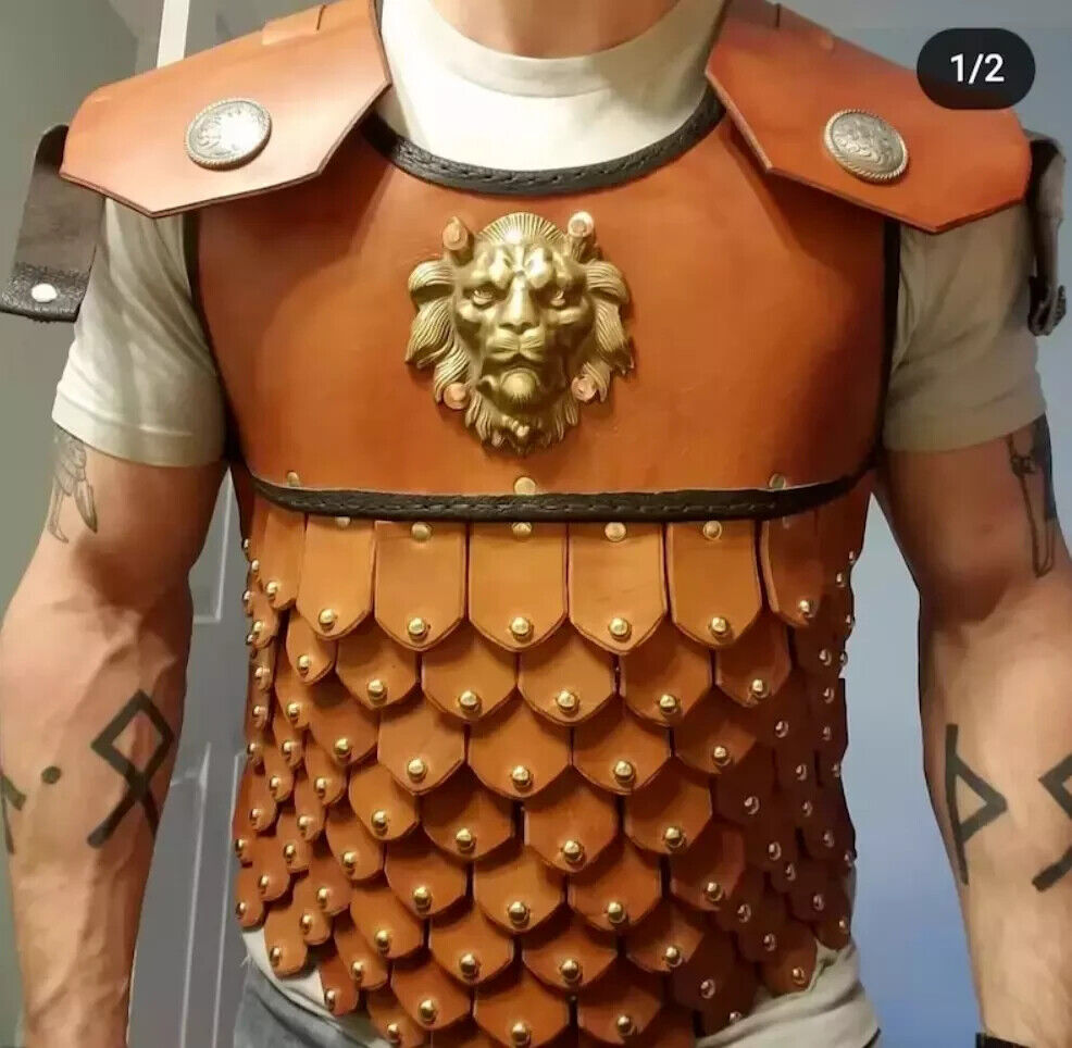 Larp Linothorax leather Scale Men\'s Greek Armor Medieval Brown Breastplate