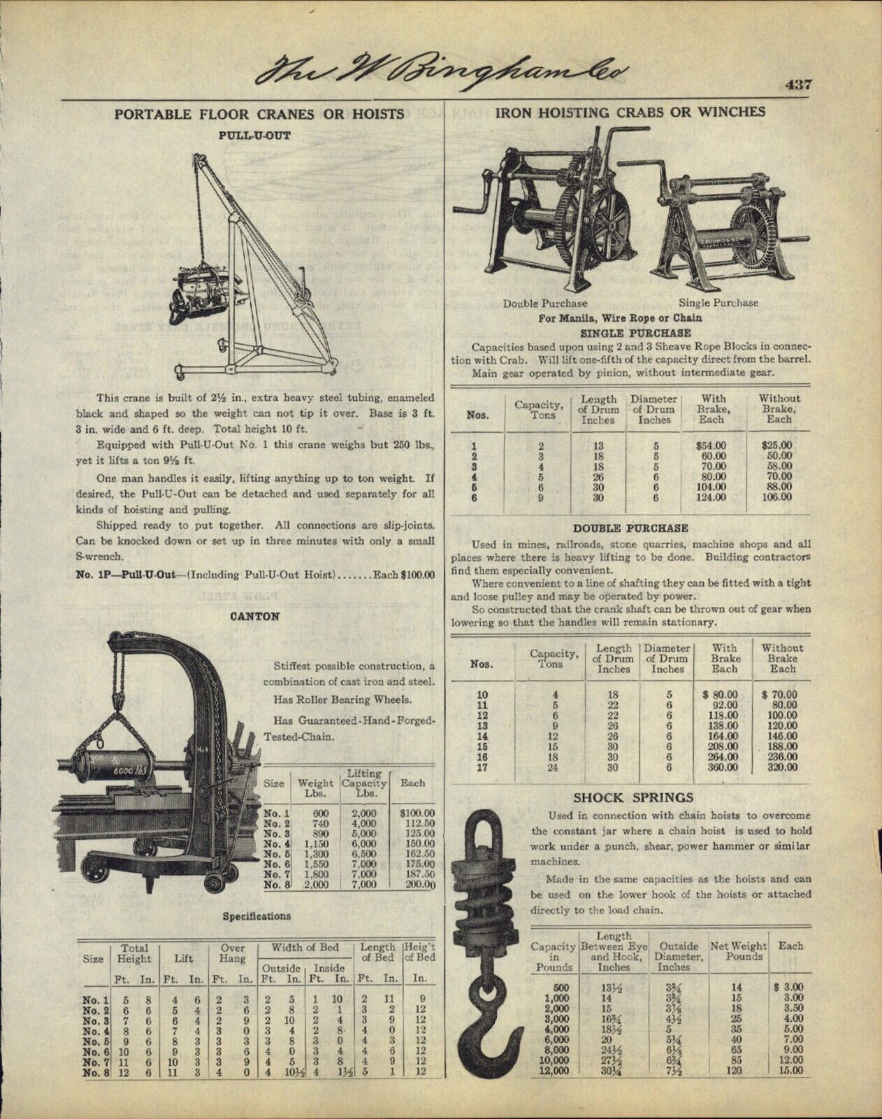 1918 PAPER AD Portable Floor Crane Hoist Canton Iron Crabs Winches Pull-U-Out 