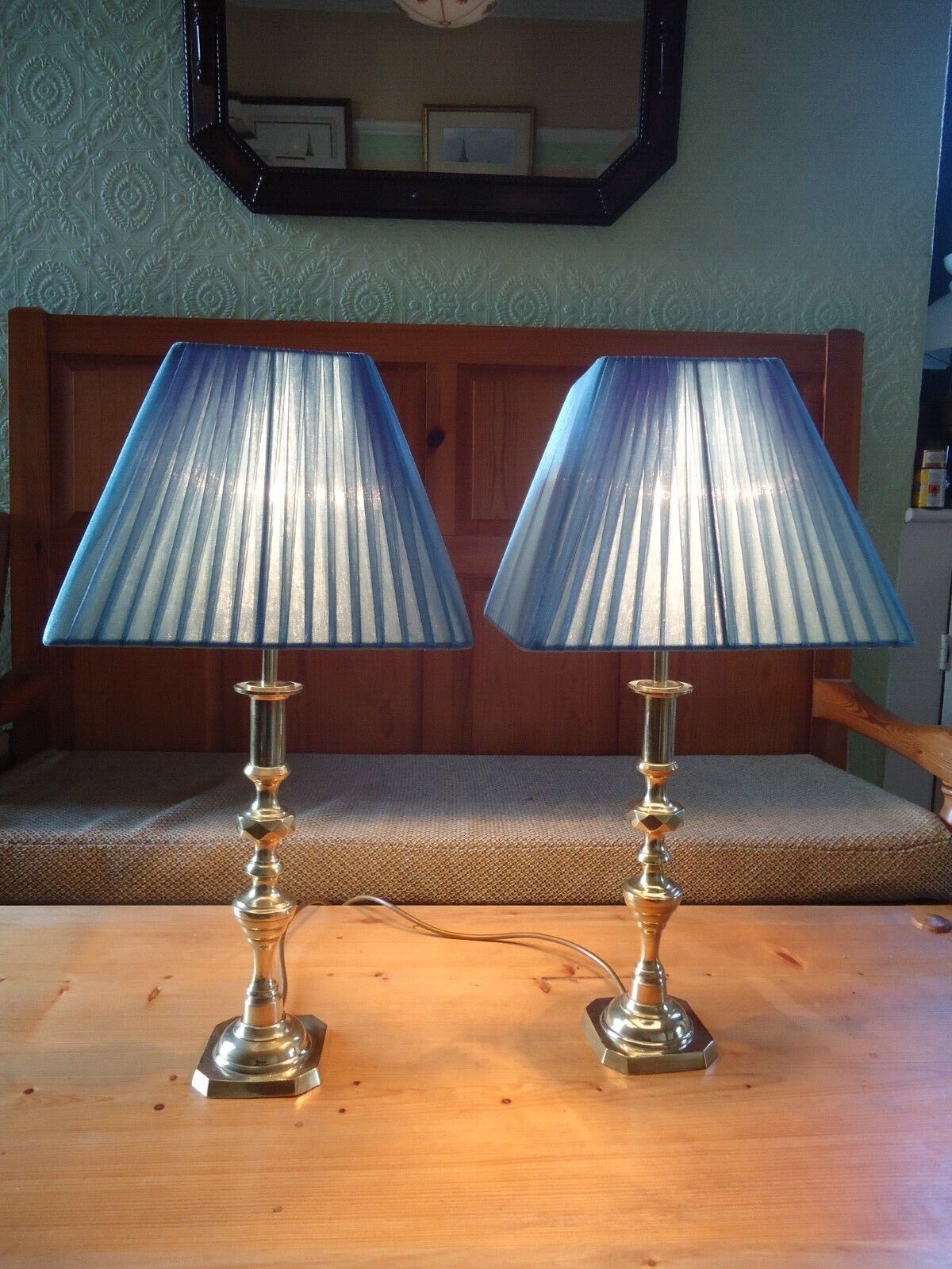 Pair of Vintage Antique Brass Candlestick Table Lamps with Shades