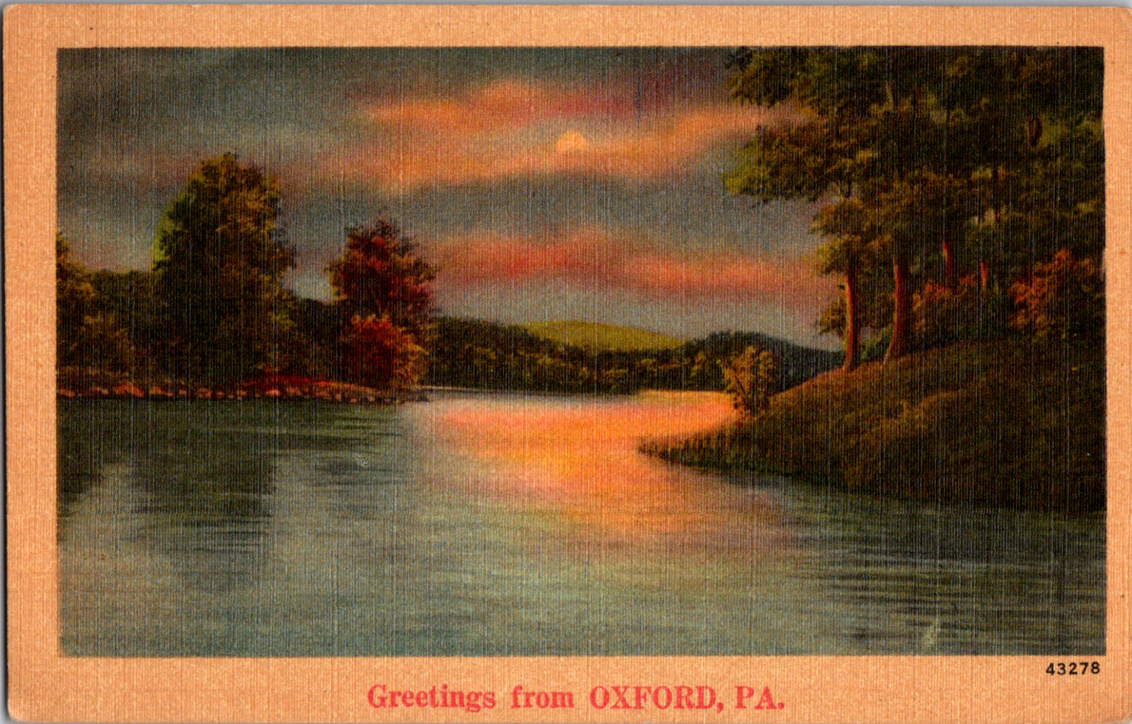 C. 1930\'s Greetings From Oxford PA Sunset Lake View Scene Pennsylvania Postcard