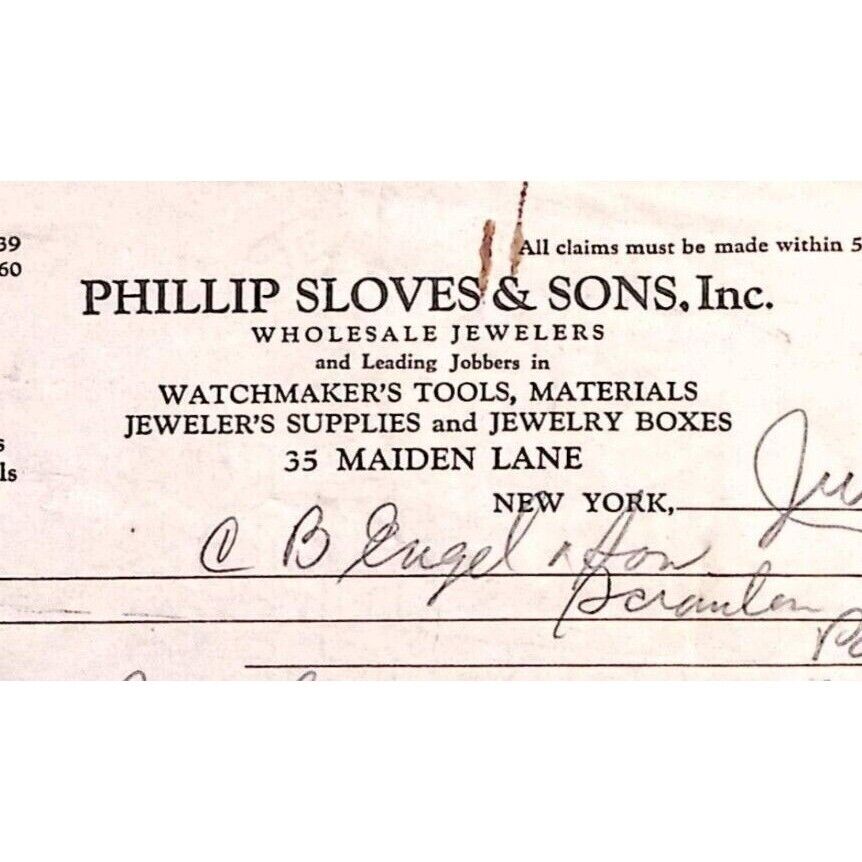 1935 NEW YORK PHILLIP SLOVES & SONS WATCHMAKER JEWELER BILLHEAD INVOICE Z135