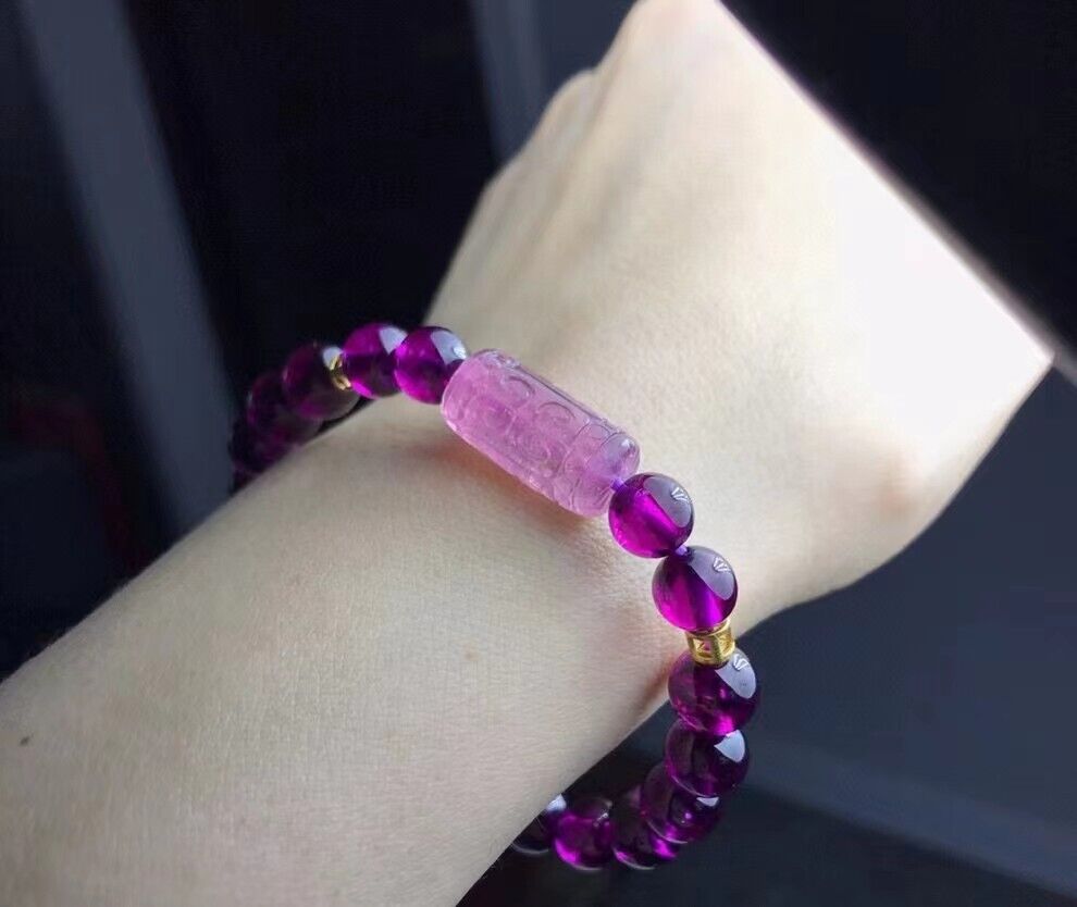 Genuine Natural Purple Garnet Tourmaline  Crystal Round Beads Stretch  Bracelet