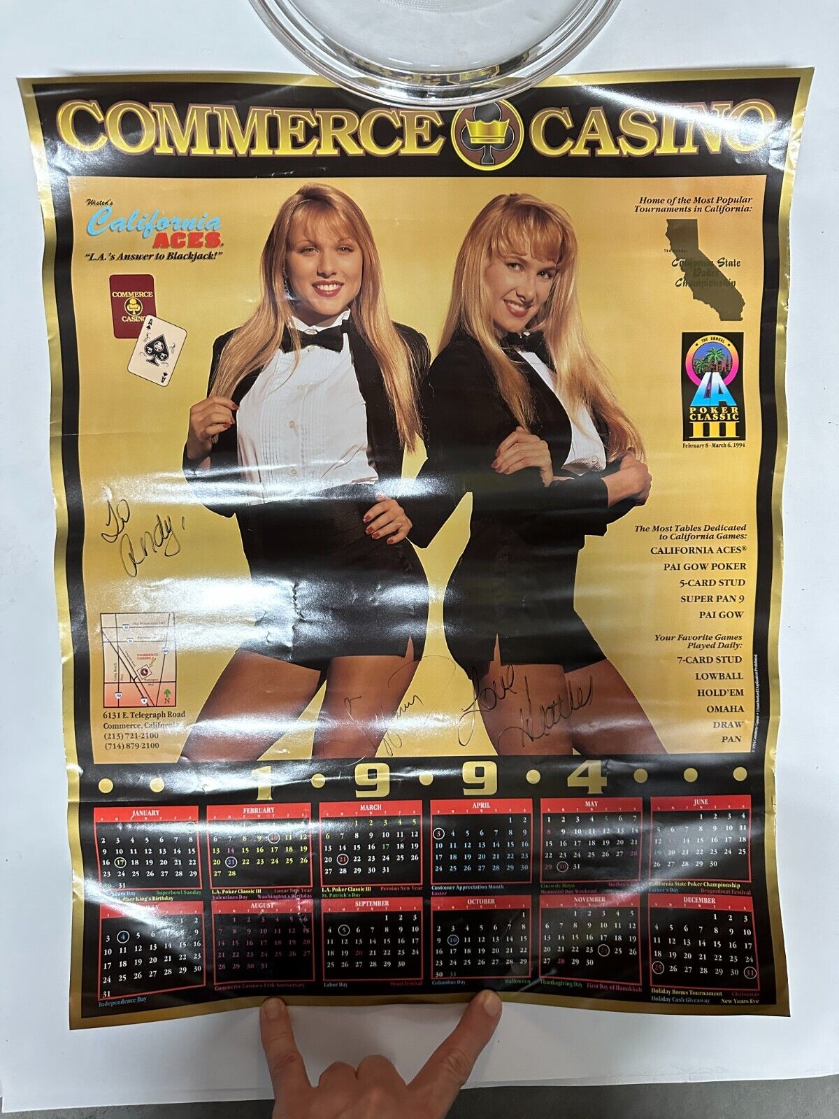 1994 commerce casino Girl model Tiffany Heather signed Calendar Poster to: ANDY