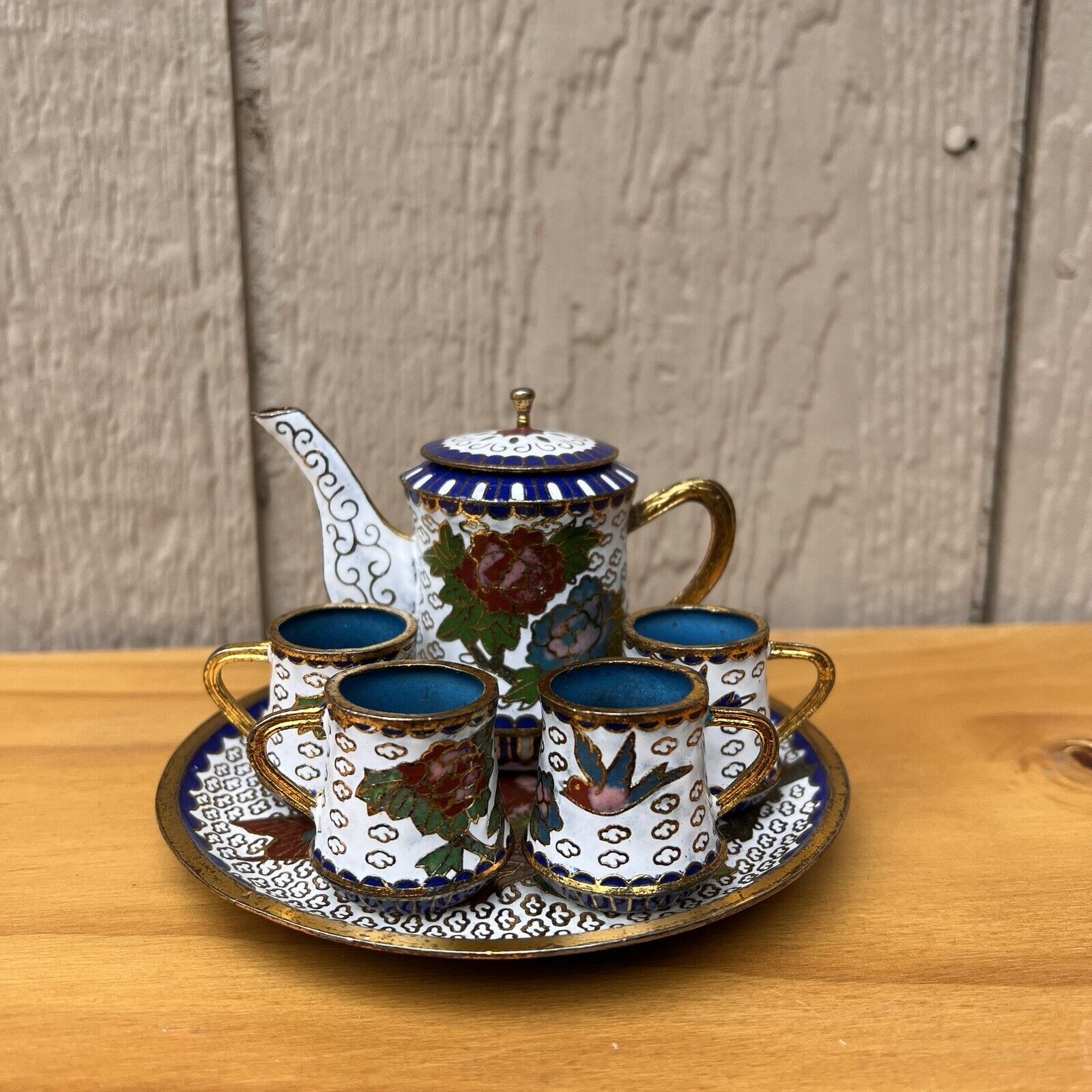 Vintage Chinese White Cloisonné Mini Teapot Set w. 4 Cups & Plate