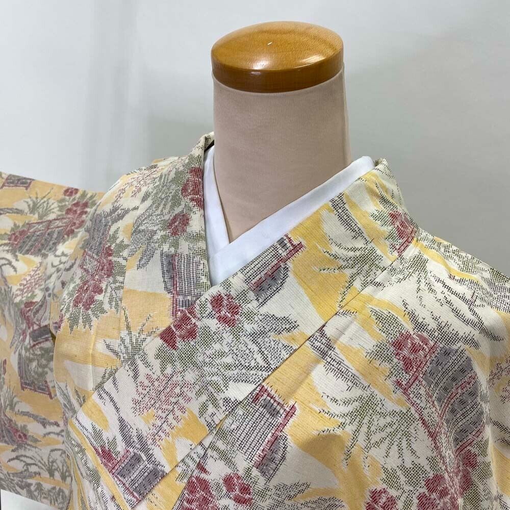 Japanese kimono hitoe Tsumugi silk crepe summer cool  S size 2479