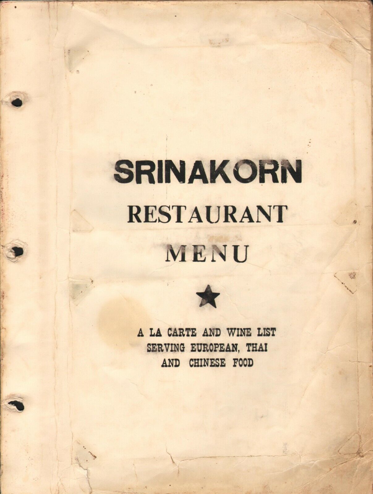 Vintage SRINAKORN Restaurant Menu Thailand 1972