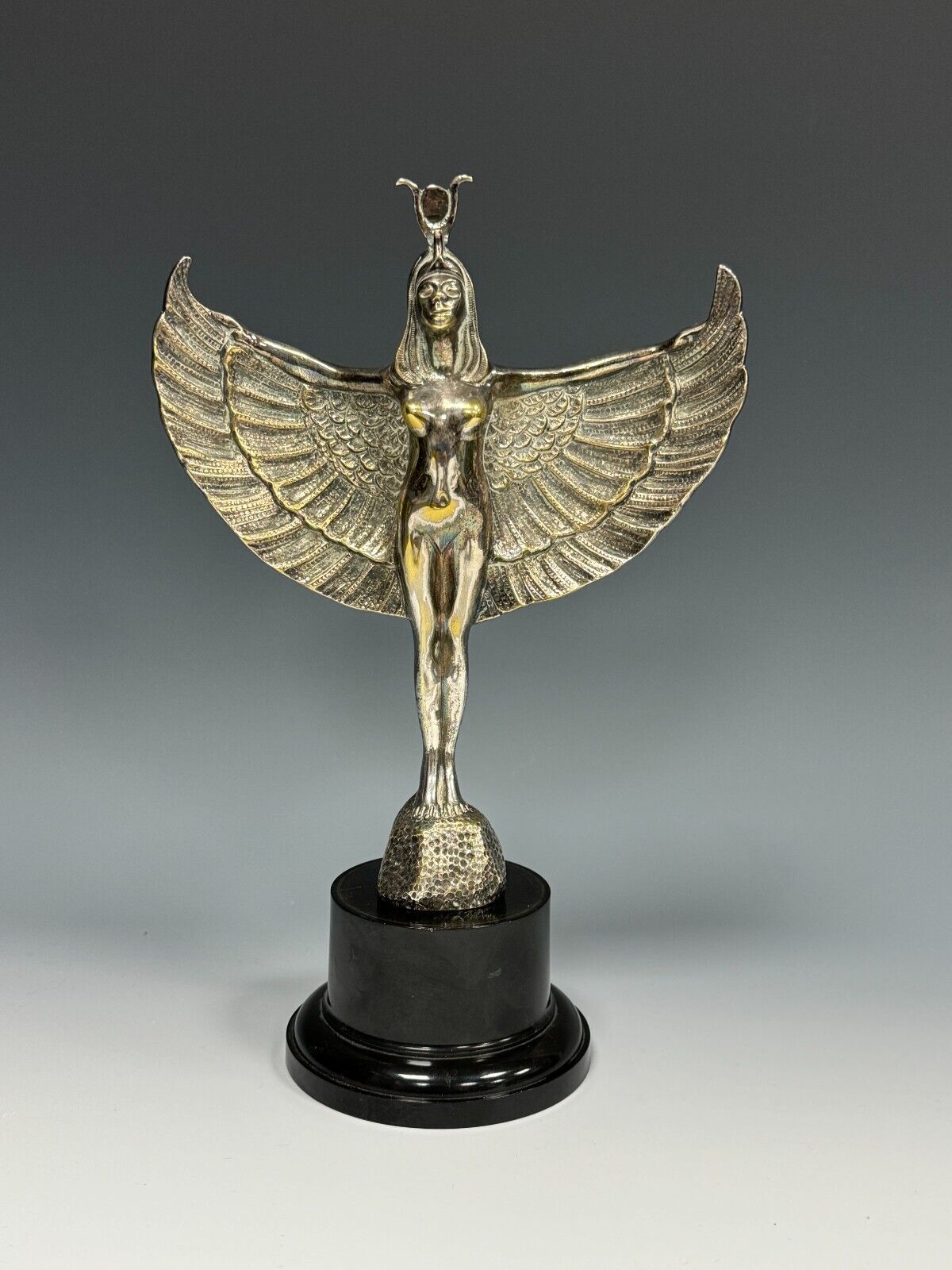 Rare Large Chrome Winged Nude Isis Egyptian Revival Car Mascot Signed c1920