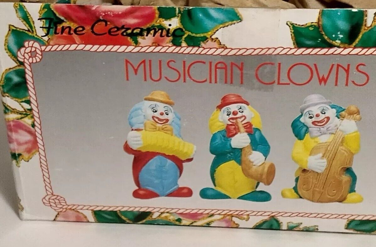 Vintage Set Of 3 Musician Clowns #33334 Fine Ceramic Hand Painted In China