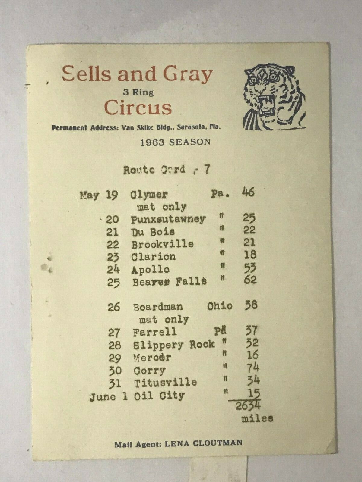 1963 Sells and Gray 3 Ring Circus Official Route Card No. 7