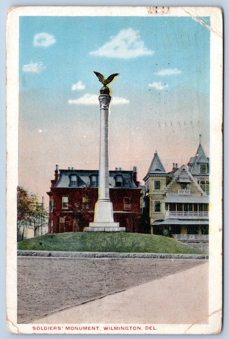 1917 WILMINGTON DE SOLDIERS MONUMENT ANTIQUE POSTCARD TO MAYHEW MILFORD DELAWARE