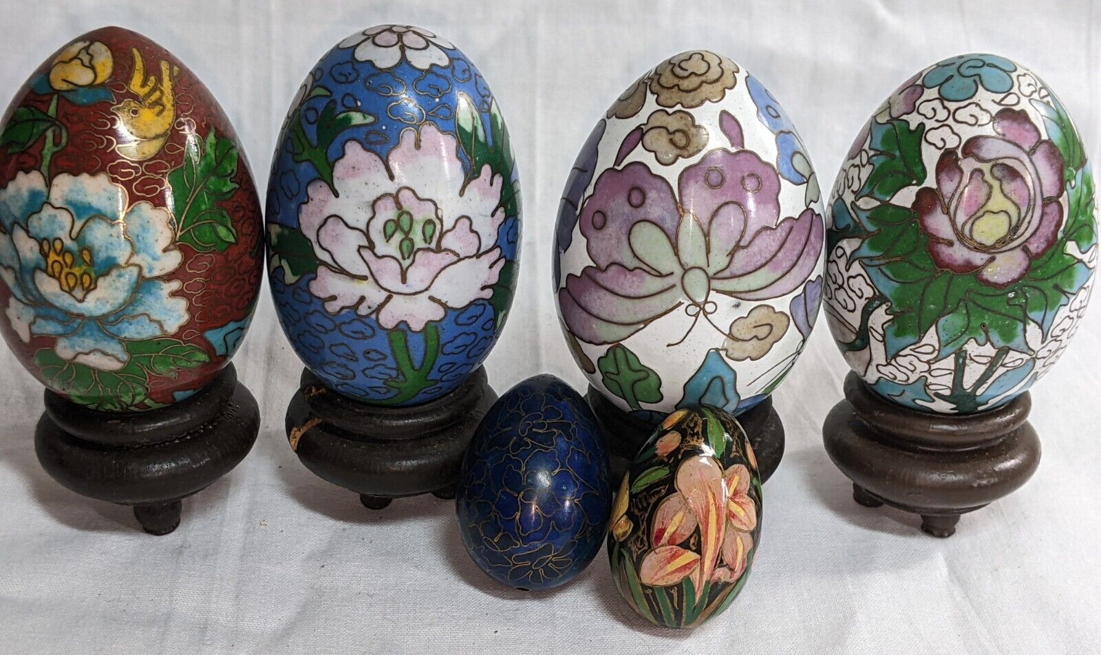 6pcs lot - 5 Vintage Floral Chinese Cloisonne Egg and a Floral Painted Wood Egg