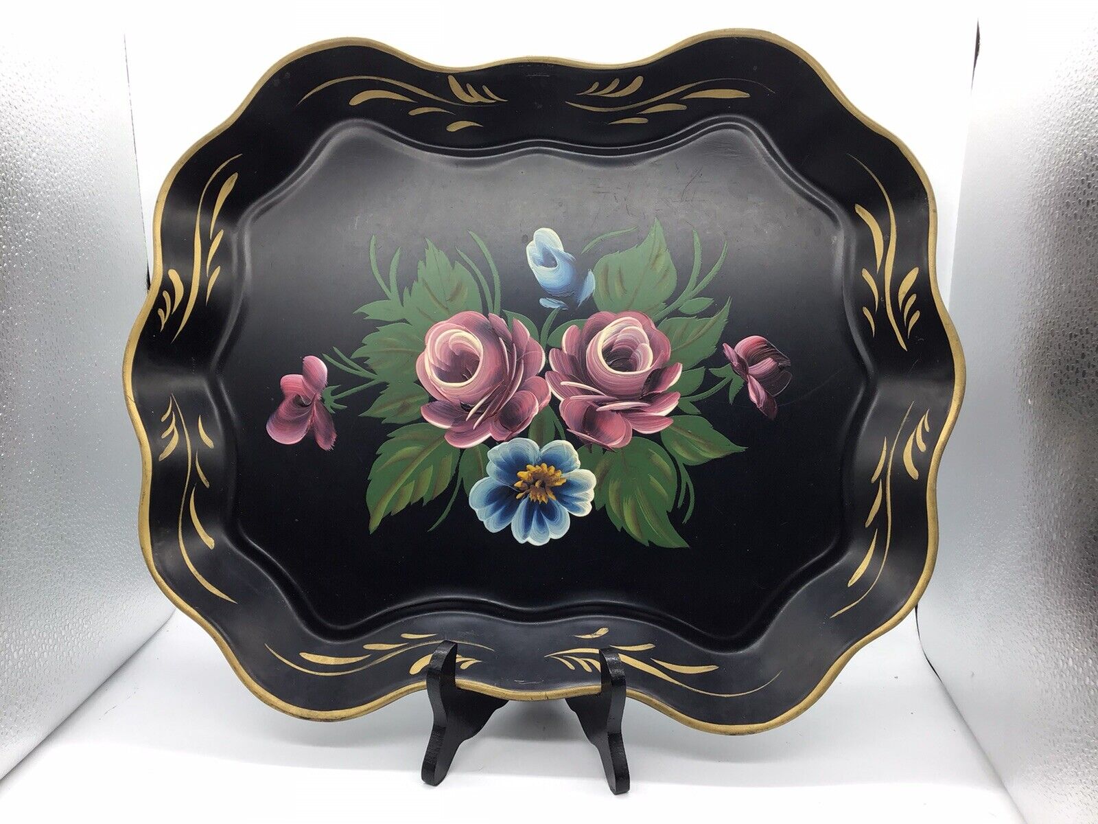 Vintage Nashco New York Hand Painted Metal Floral Tray