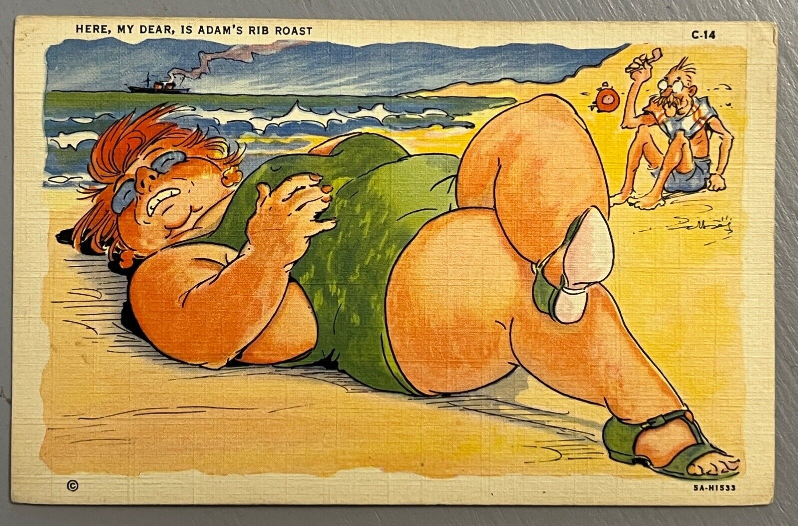 Comic Postcard BBW Fat Woman Big Butt Swimsuit Beach Adams Rib Roast 1935 VJ