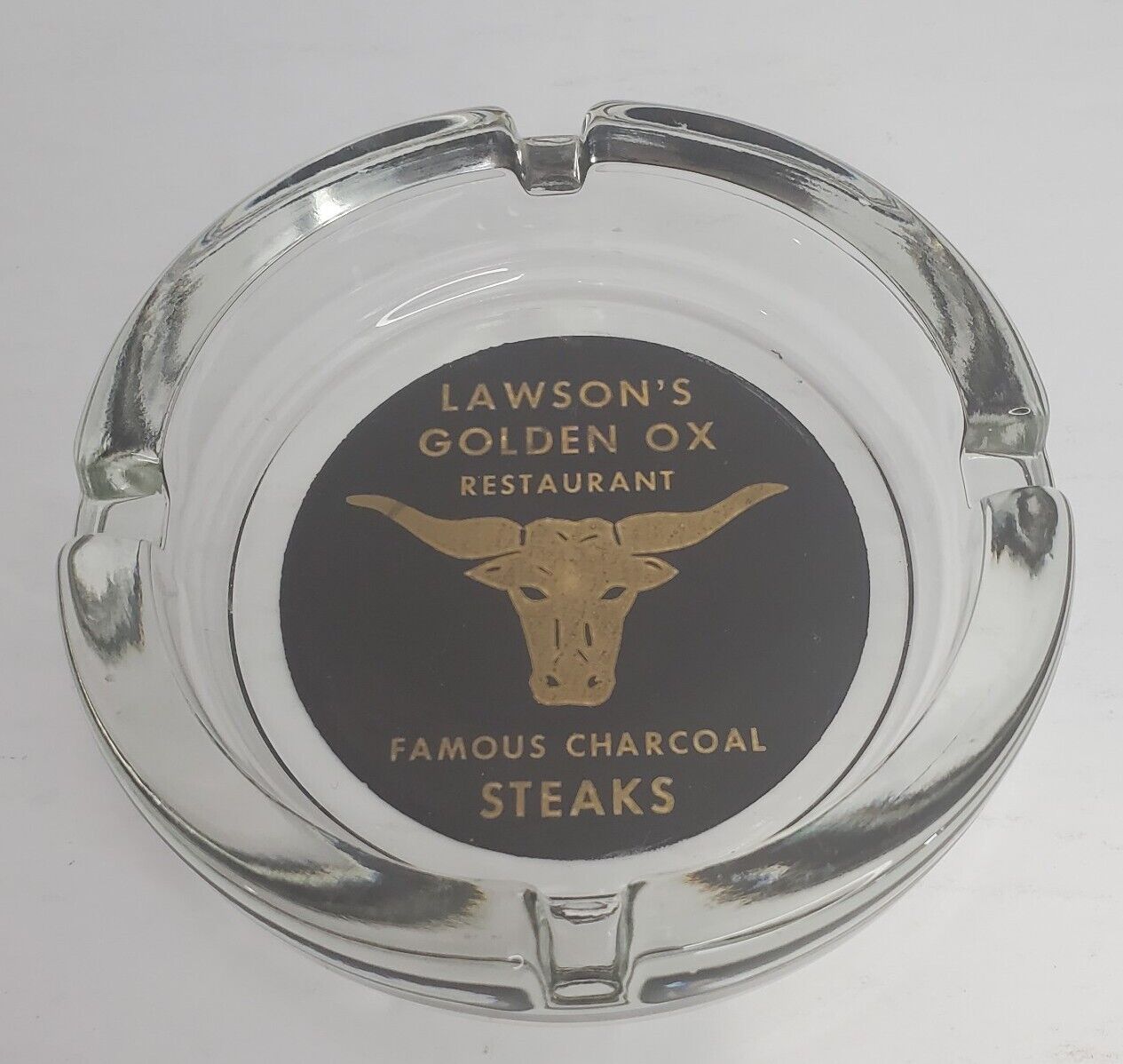 Ashtray Vintage Lawson’s Golden Ox Restaurant Famous Charcoal Steaks Gold Black