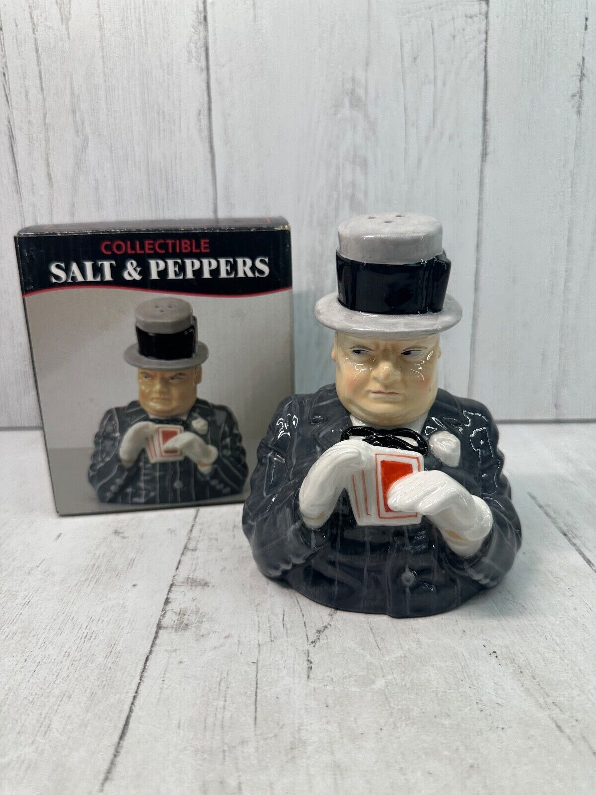 W.C. Fields Playing Cards Top Hat Salt Pepper Shaker NEW Box 7510 Clay Art 1999