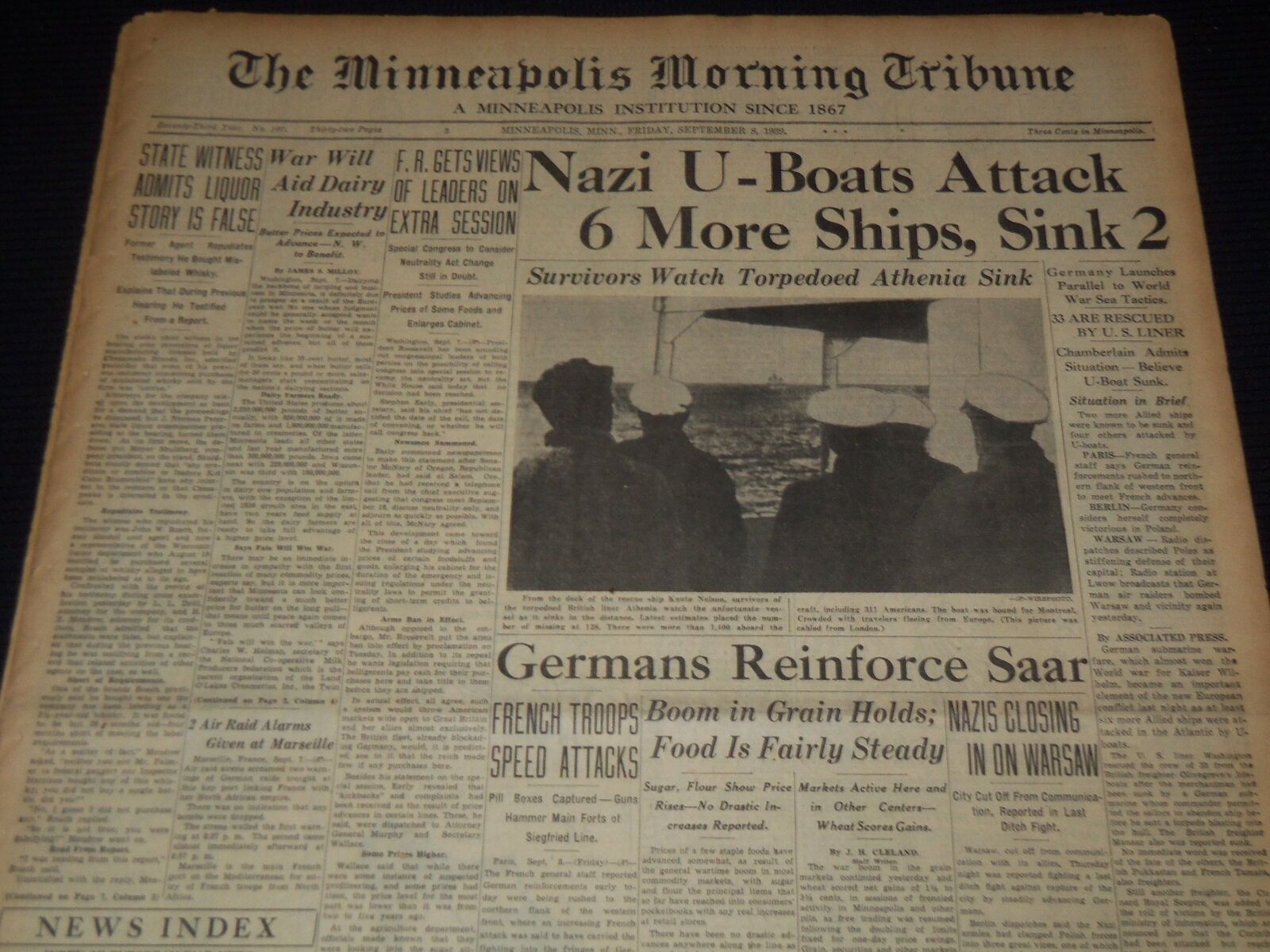 1939 SEPT 8 MINNEAPOLIS MORNING TRIBUNE - NAZI U-BOATS ATTACK 6 SHIPS - NT 9524