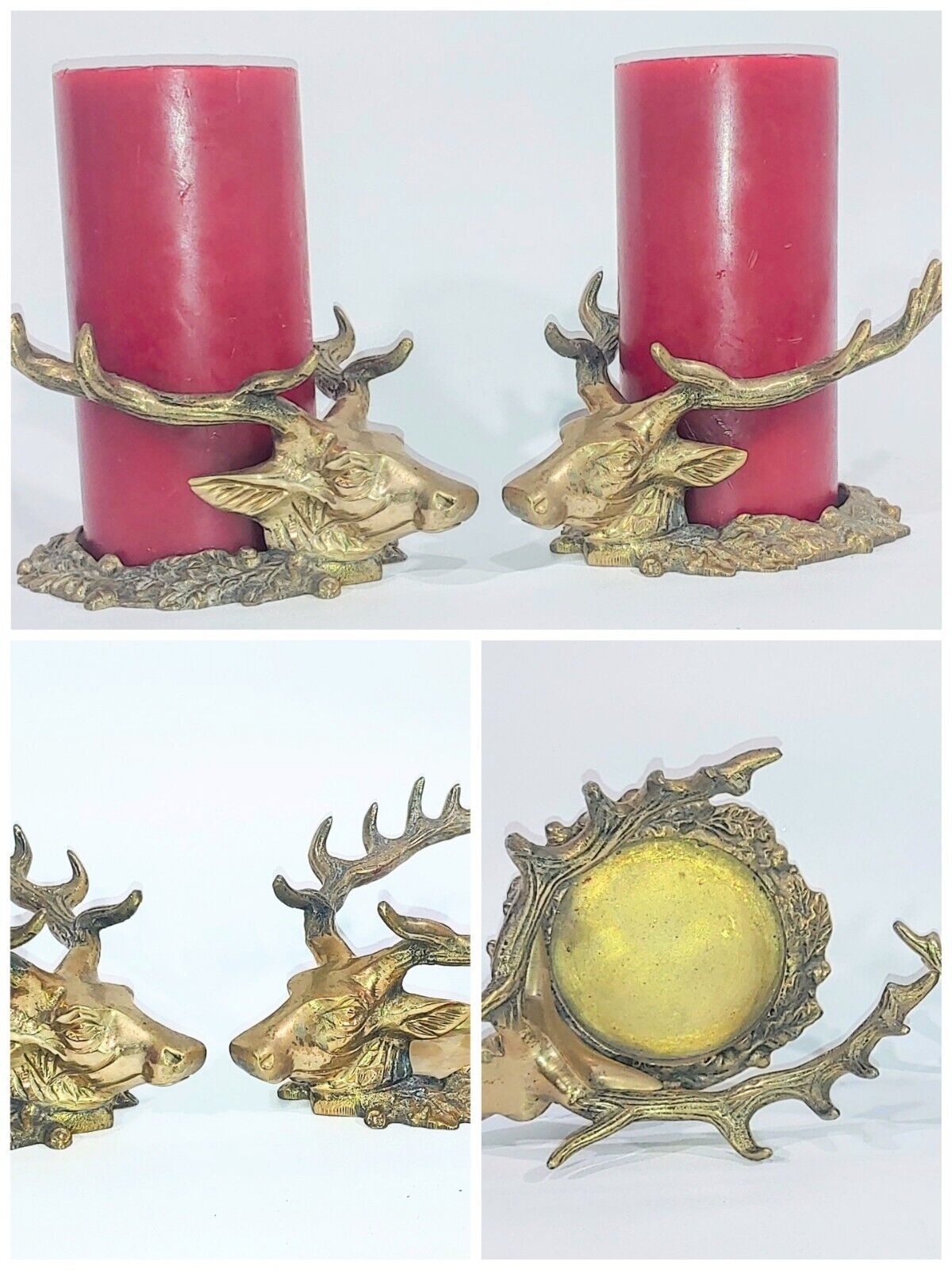 Vtg Decor Majestic Pair Brass Deer Elk Stag Pillar With Candles Holder Antlers 