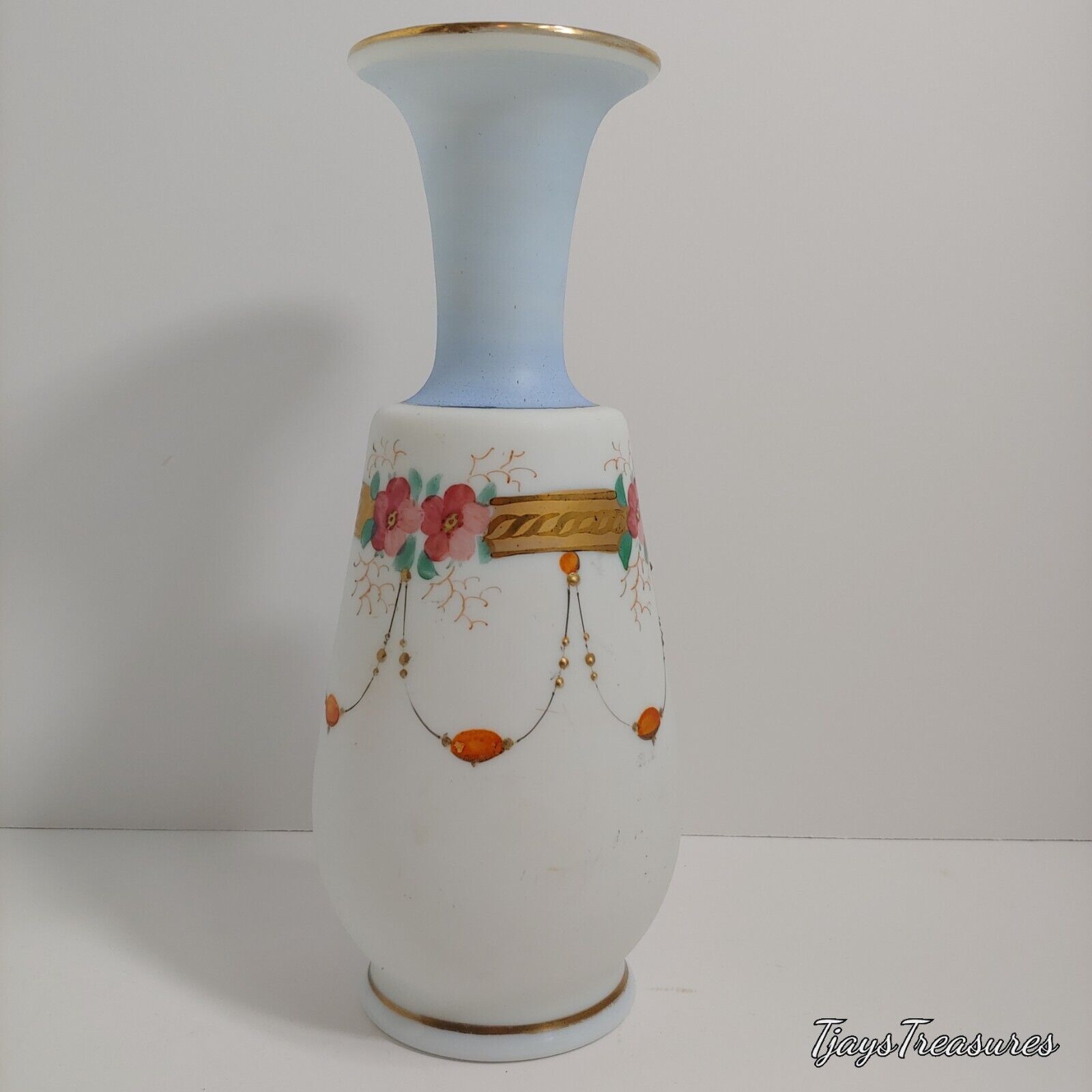 Antique Hand Painted Bristol Satin Glass Vase Hand Blown 9.25