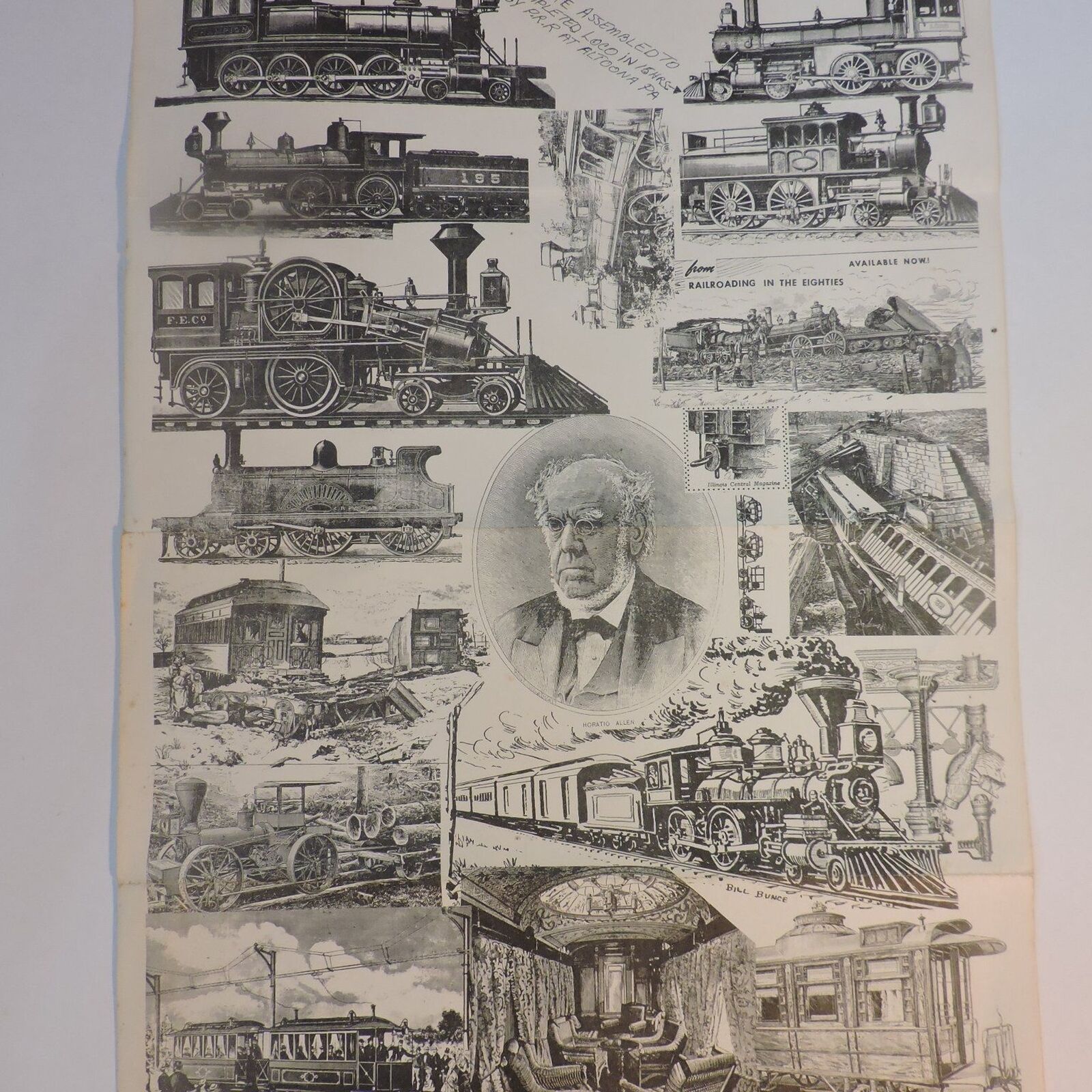 1800s Lithograph Horatio Allen Railroad Engineer & Steam Train Locomotives 17x11