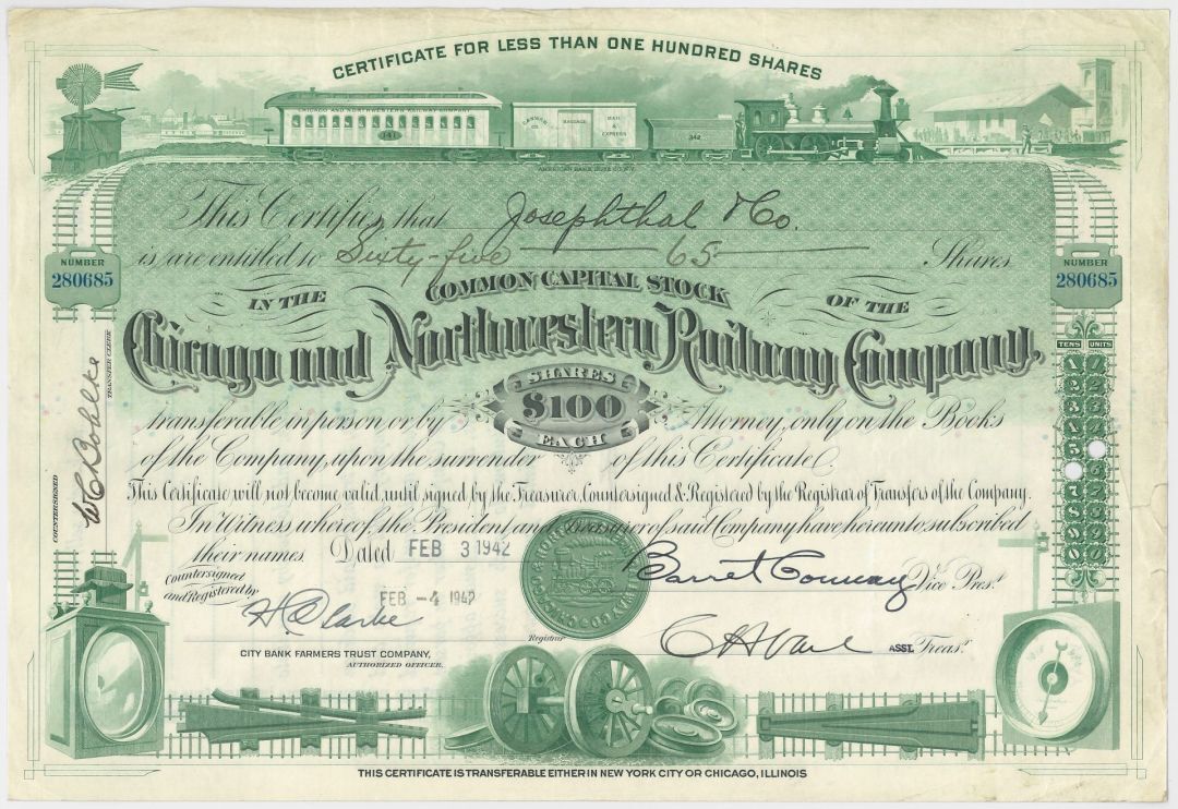 Chicago and Northwestern Railway Co. - 1927-42 dated Illinois Railroad Stock Cer