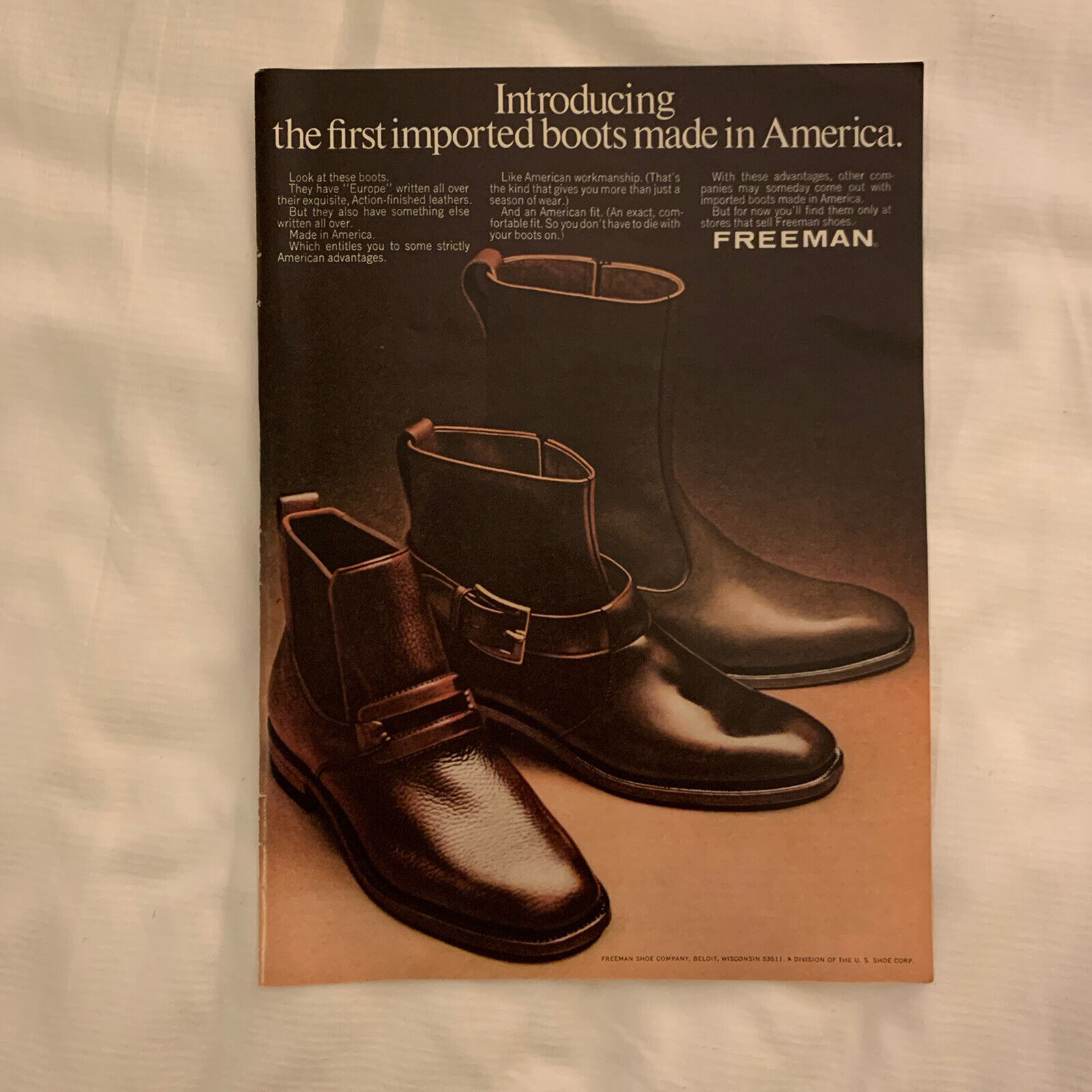 1969 Freeman Boots Made In America Print Ad Original Vintage Buckle Beloit WI