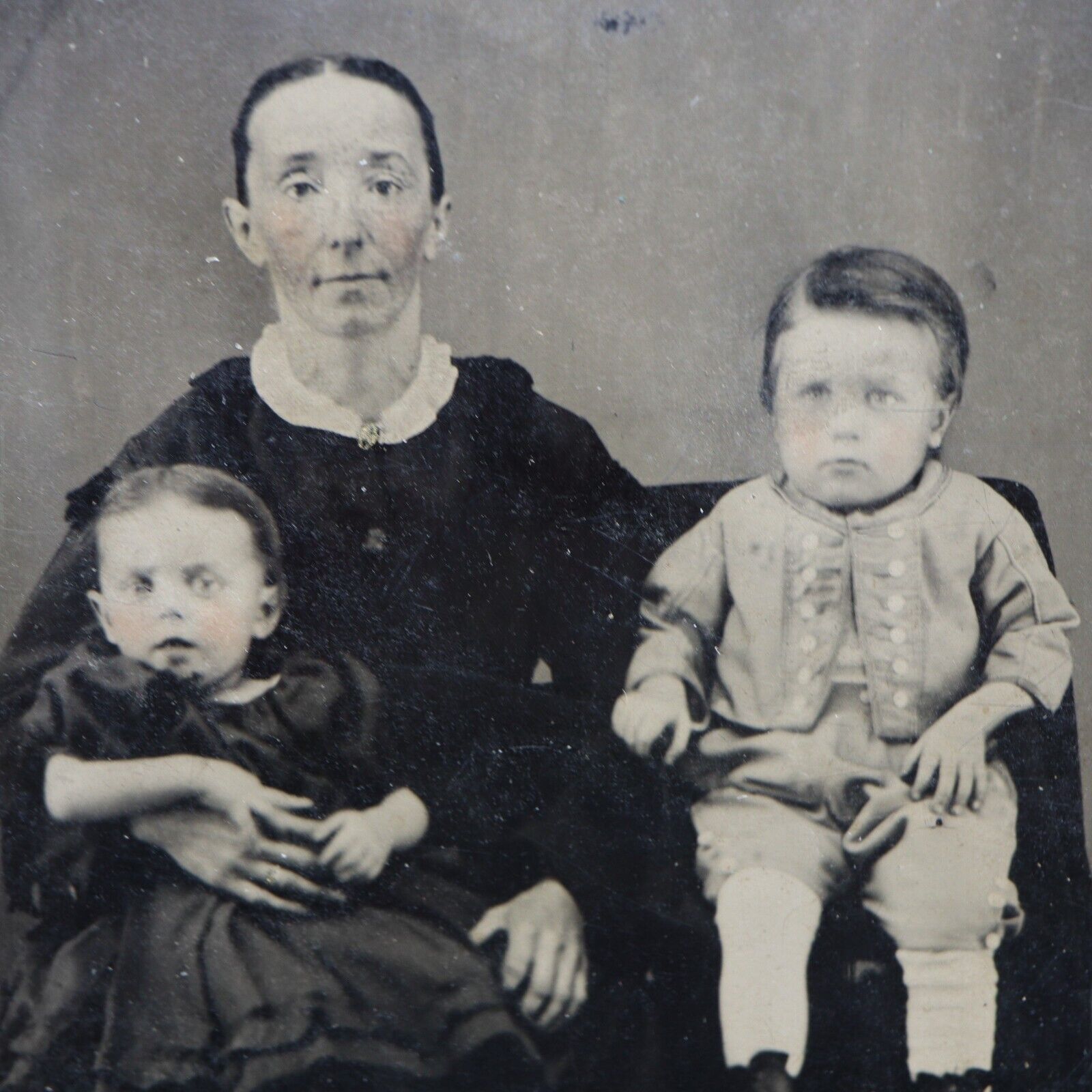Antique Tintype Photograph Civil War Era Giant Woman Sitting w/ Young Children
