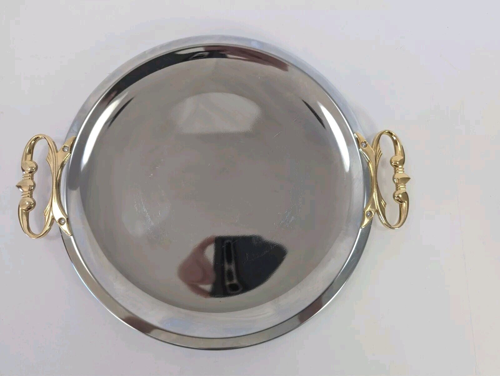 Kromex Serving Tray Chrome Round Serving Tray Gold Handles MCM Vintage USA