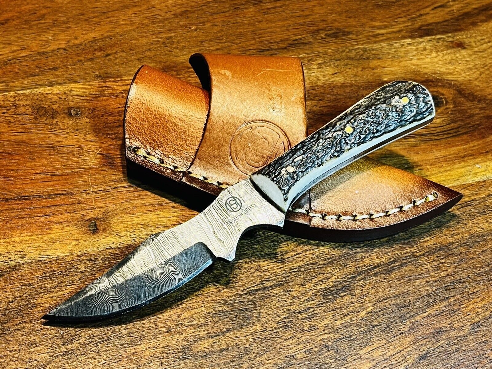 Circle SH Cutlery Damascus Stag Handle Fixed Blade Knife + Leather Sheath