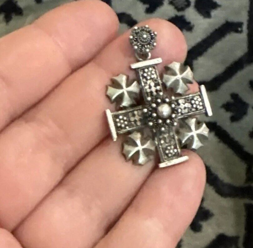 Vintage Jerusalem Crusader Ornate Filigree Matisse Sterling Silver Cross Pendant