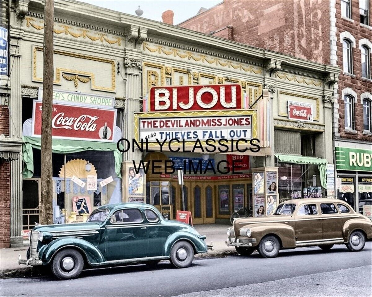 1941 BIJOU THEATER COCA-COLA CANDY SIGN COLORIZED 8X10 PHOTO HOLYOKE MA OLD CARS