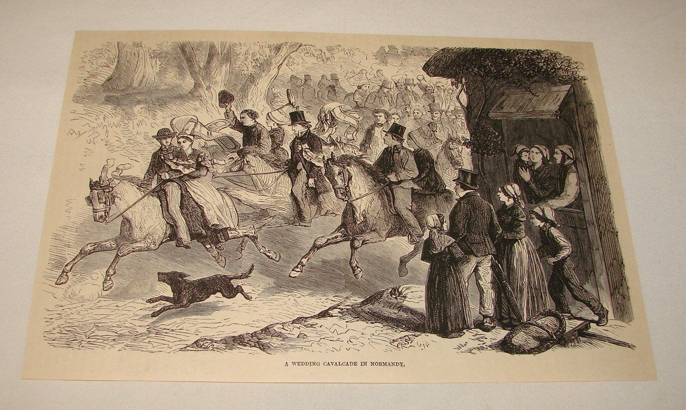 1886 magazine engraving ~ WEDDING CAVALCADE IN NORMANDY