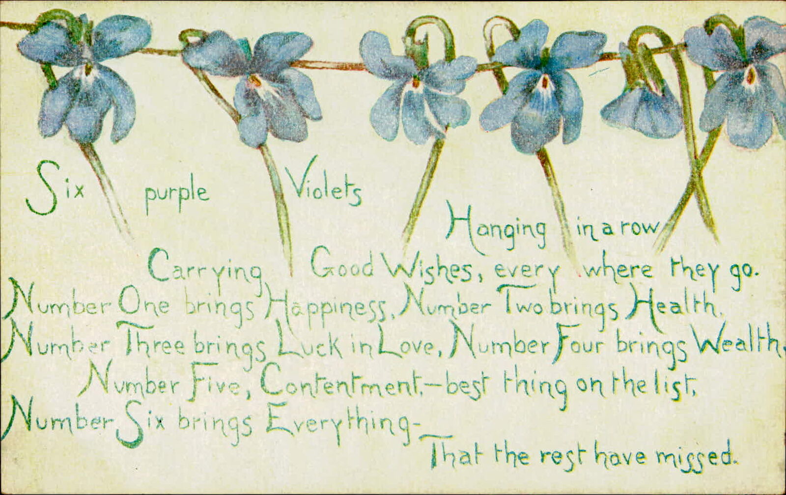 Postcard: Six purple Violets Hanging in a row Carrying Good Wishes, ev