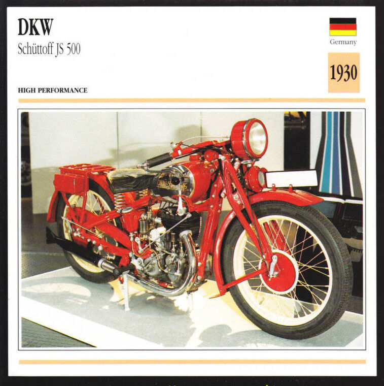 1930 DKW D.K.W. Schuttoff JS 500 (496cc) German Motorcycle Photo Spec Sheet Card
