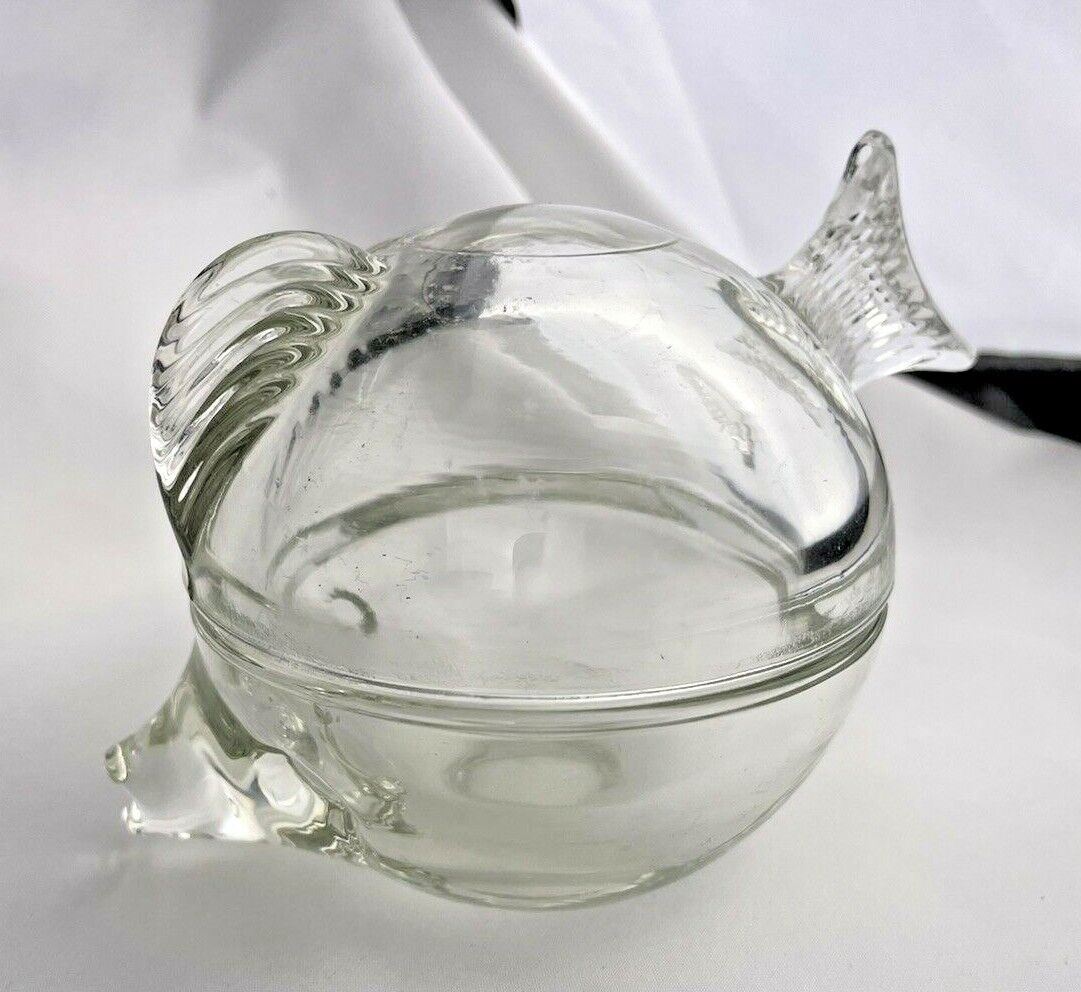 Vintage Anchor Hocking Fish Clear Glass Dish Covered Lid Trinket Retro Pin