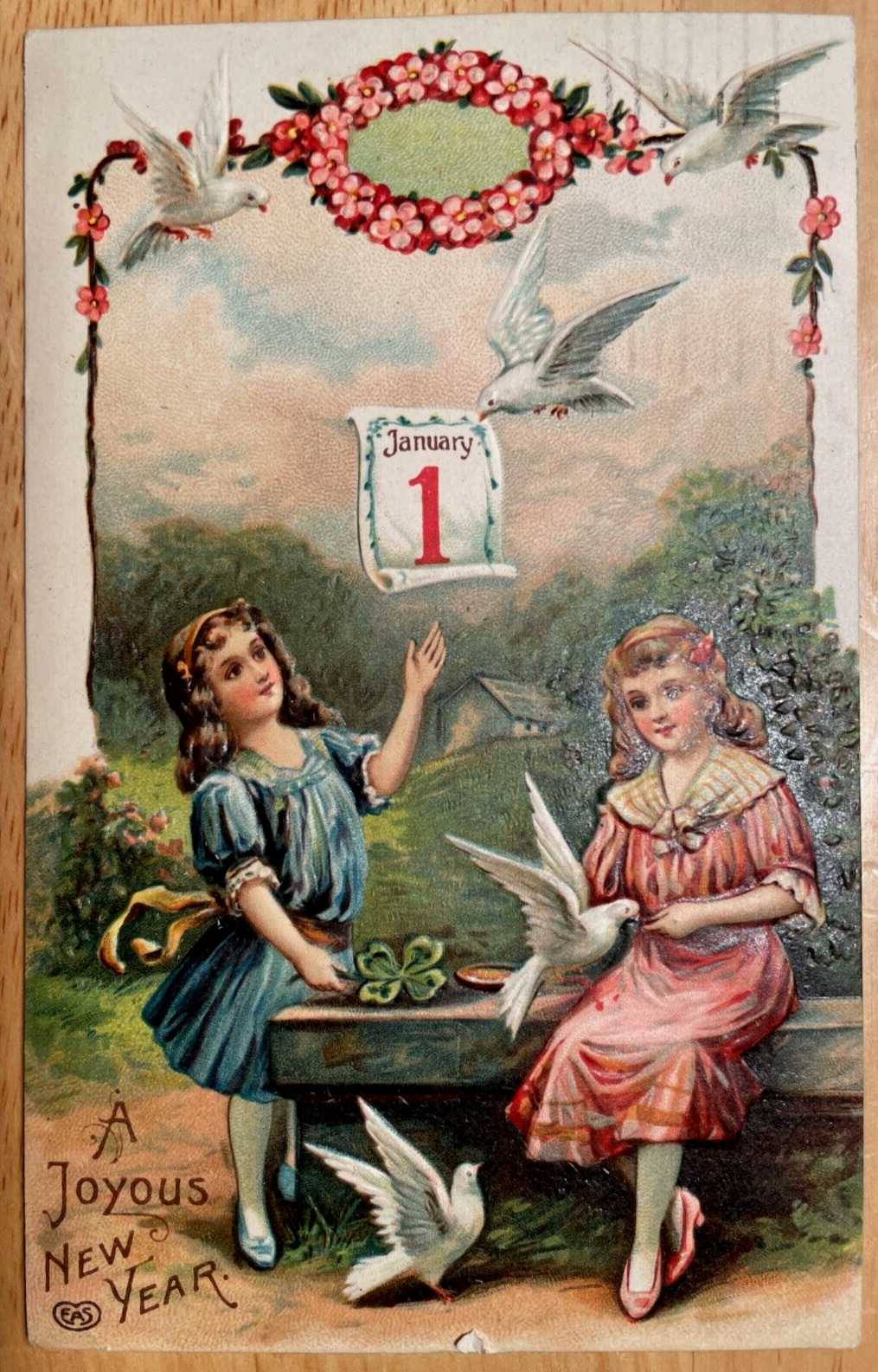 Vintage Victorian Postcard 1911 A Joyous New Year - Girls with Doves
