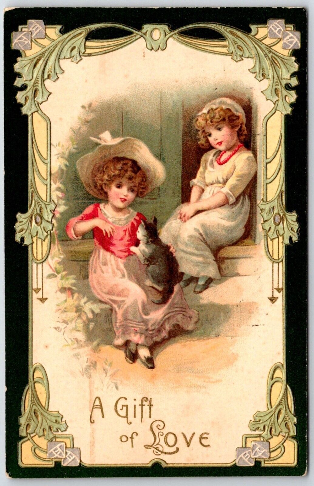 1908 Two Girls Front Of Door With Kitten Cat Embossed Posted Antique Postcard