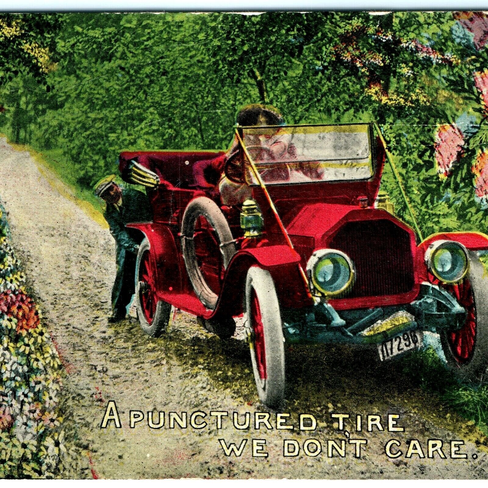 c1910s Romantic Punctured Tire, Don't Care Postcard Automobile Car Photo A26
