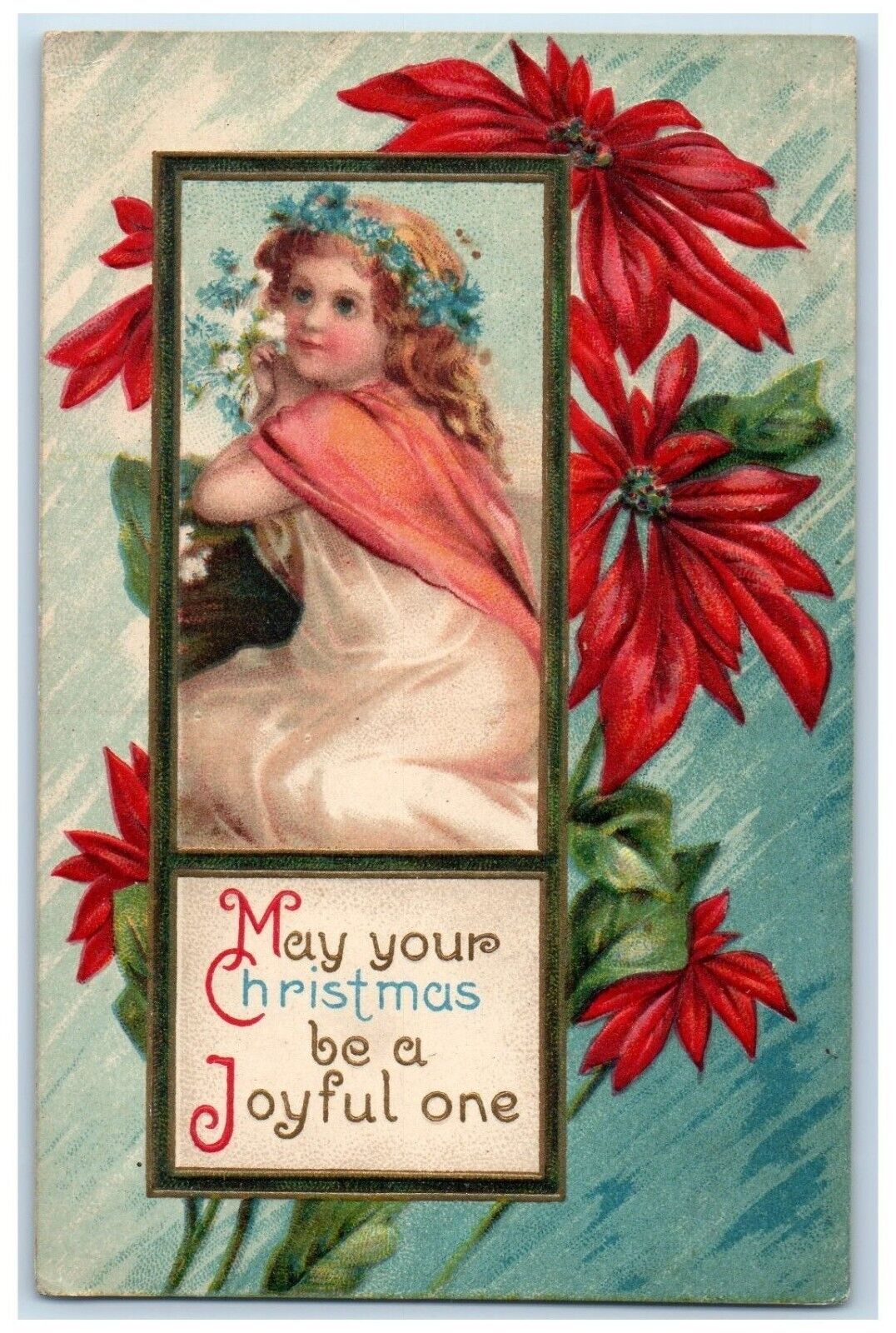 c1910's Christmas Pretty Girl Flowers Crown Poinsettia Embossed Antique Postcard