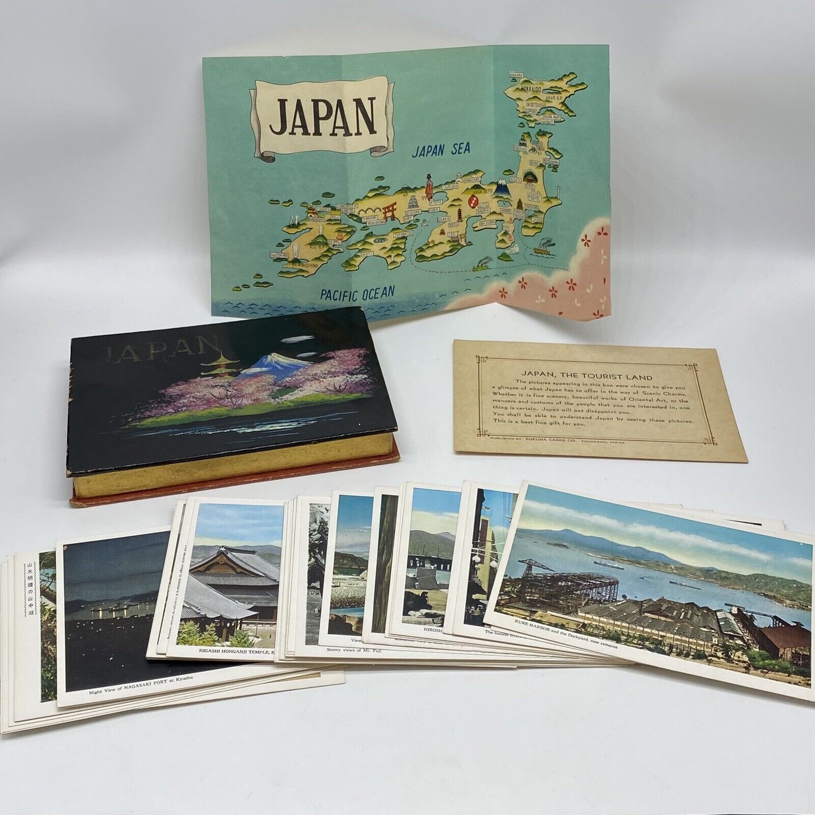 Vintage Fukuda Cards Co 40 Card Set w/ Box Insert & Map Japan the Tourist Land