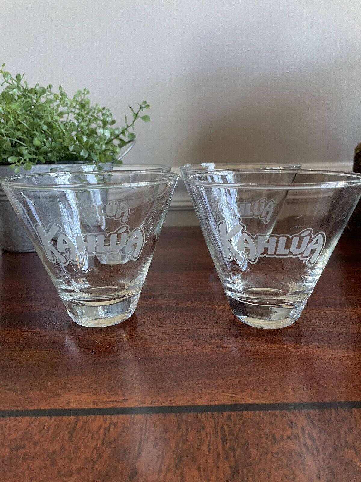 Kahlua Cone Shaped Cocktail Glass Etched Logo Unique Shape 3.5” Tall Set of 4