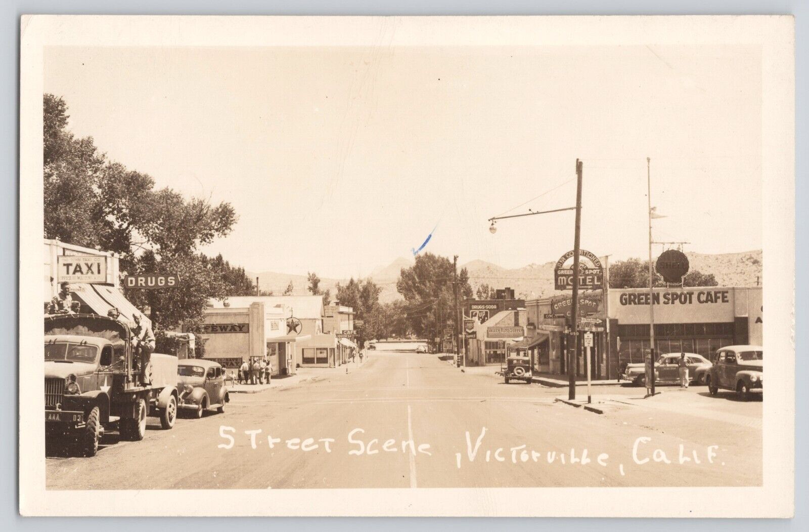 Postcard RPPC Photo California Victorville Street Scene Texaco Shell Army Truck