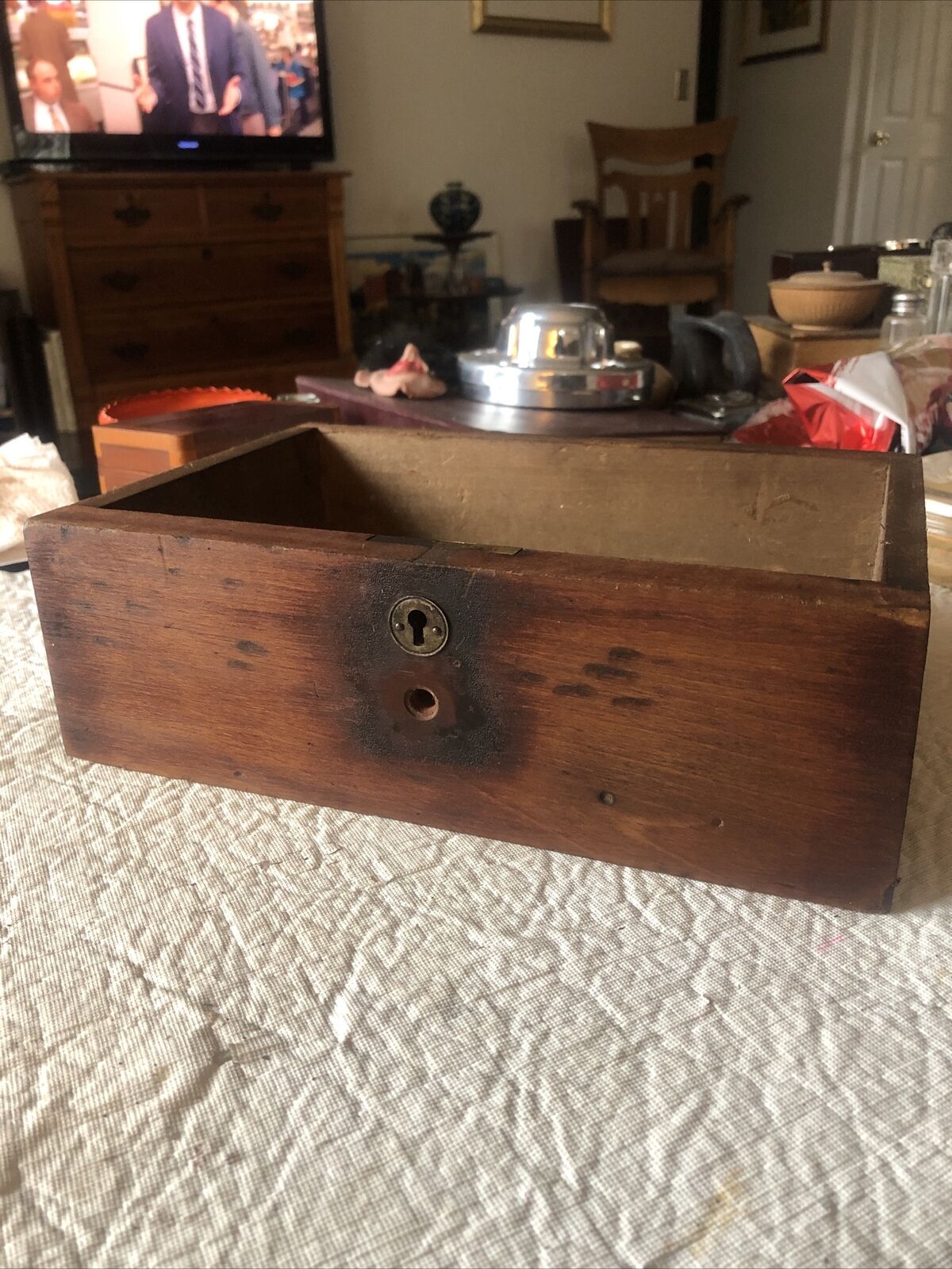 Antique Dove Tailed Wood Drawer With Lock 11-1/8” X 7-3/4” X 3-1/2”